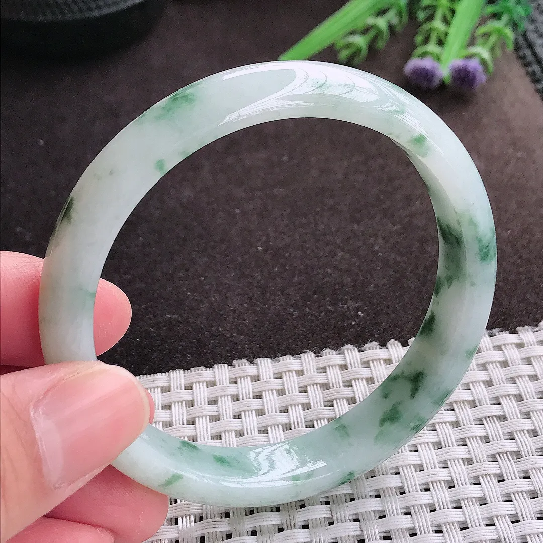 实拍A货翡翠58/12/7老坑精美温润特色飘花手镯宽边翡翠玉镯女款