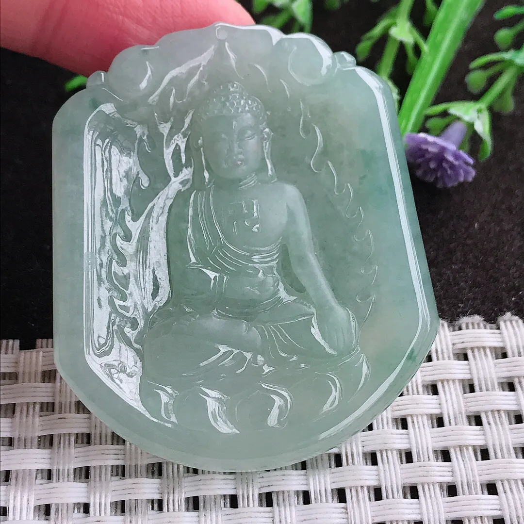 实拍A货翡翠49.8/44/5.3老坑冰胶水灵冰晴绿阿弥陀佛吊坠翡翠挂件