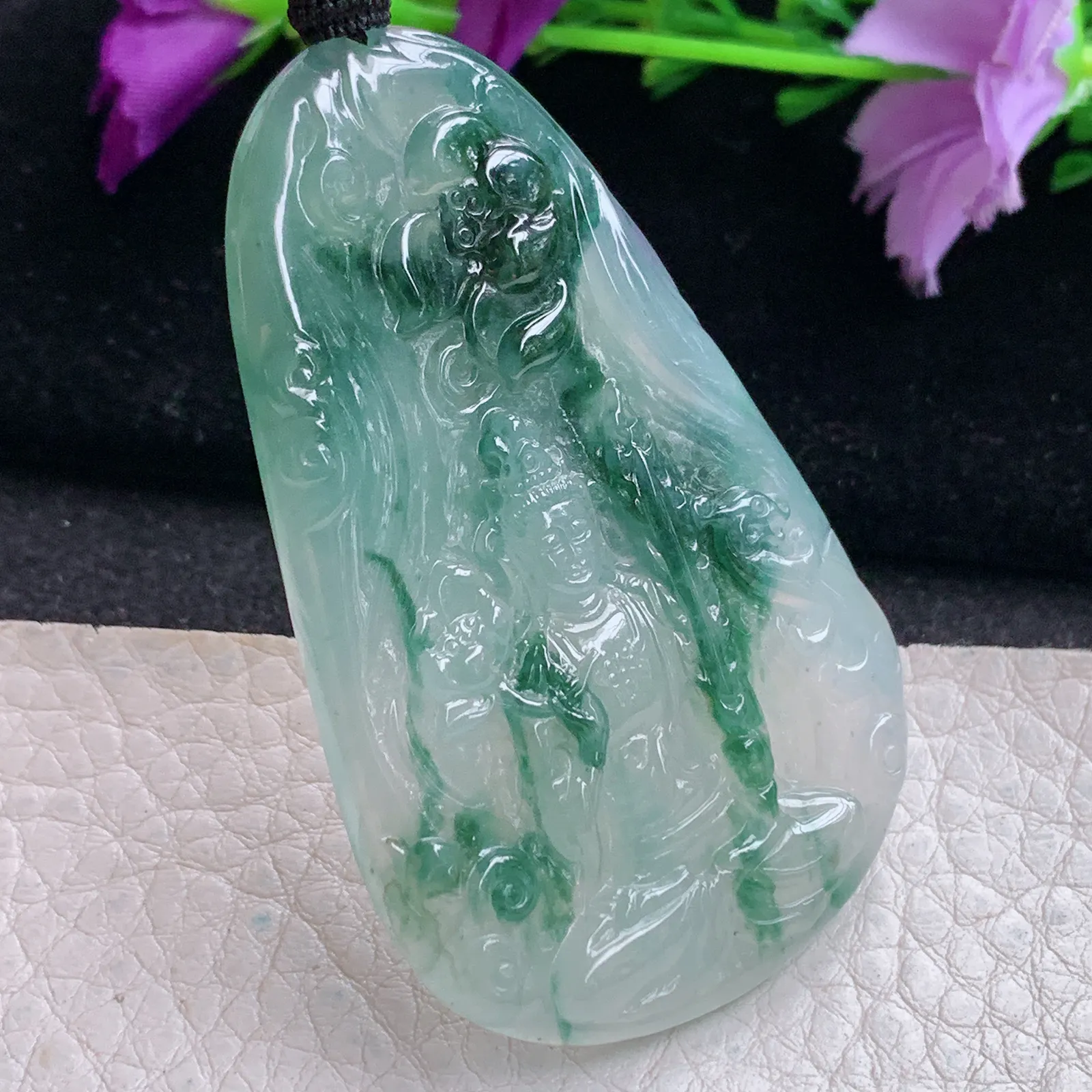 csy实拍58.3*36.7*5缅甸翡翠精雕冰飘花虚空藏 生肖守护神玉吊坠 玉挂坠