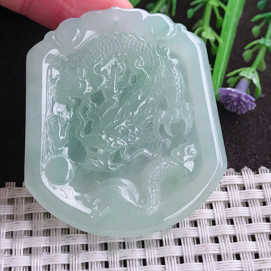 实拍A货翡翠50.8/45/5.2老坑冰胶果冻冰晴绿龙牌吊坠翡翠挂件