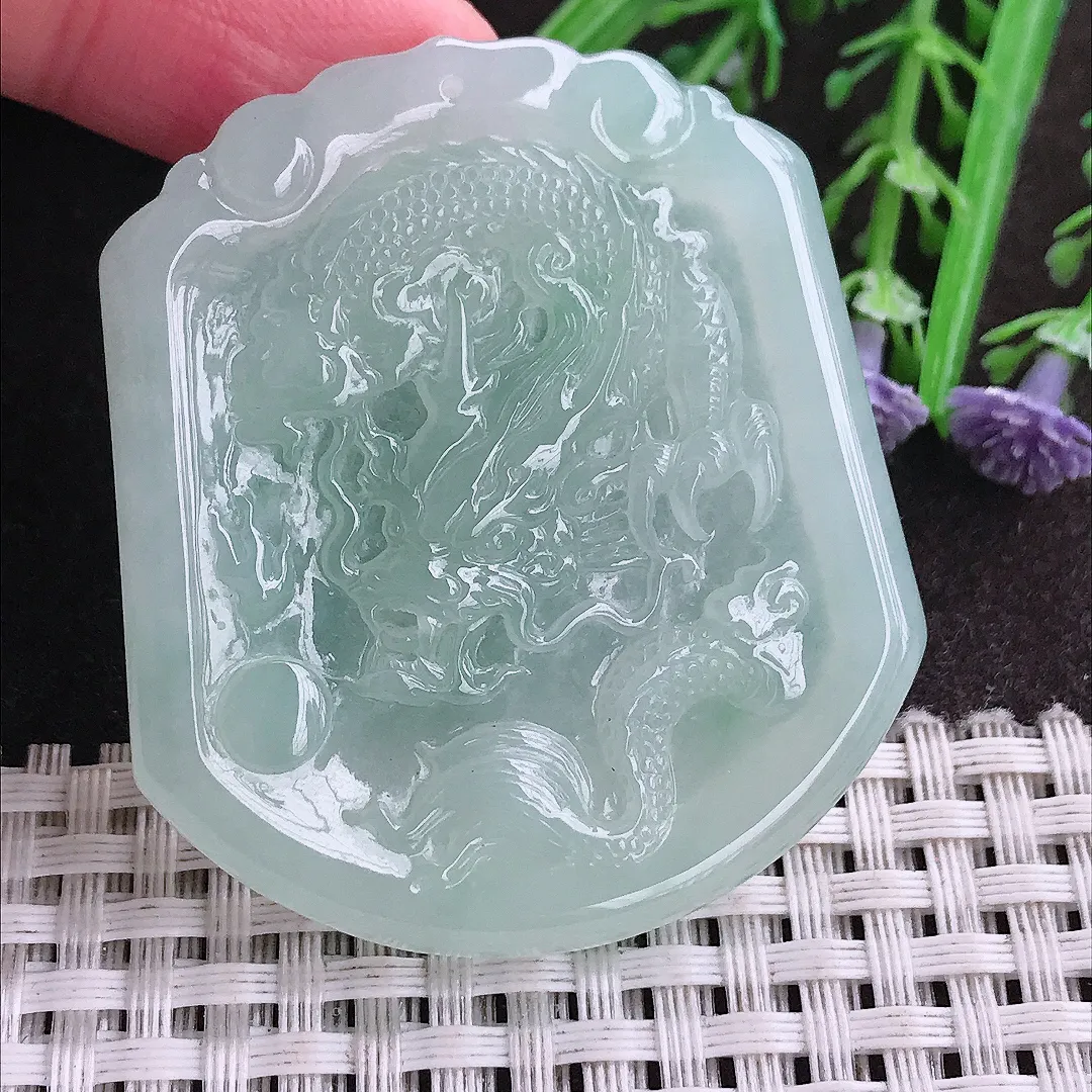 实拍A货翡翠50.8/45/5.2老坑冰胶果冻冰晴绿龙牌吊坠翡翠挂件