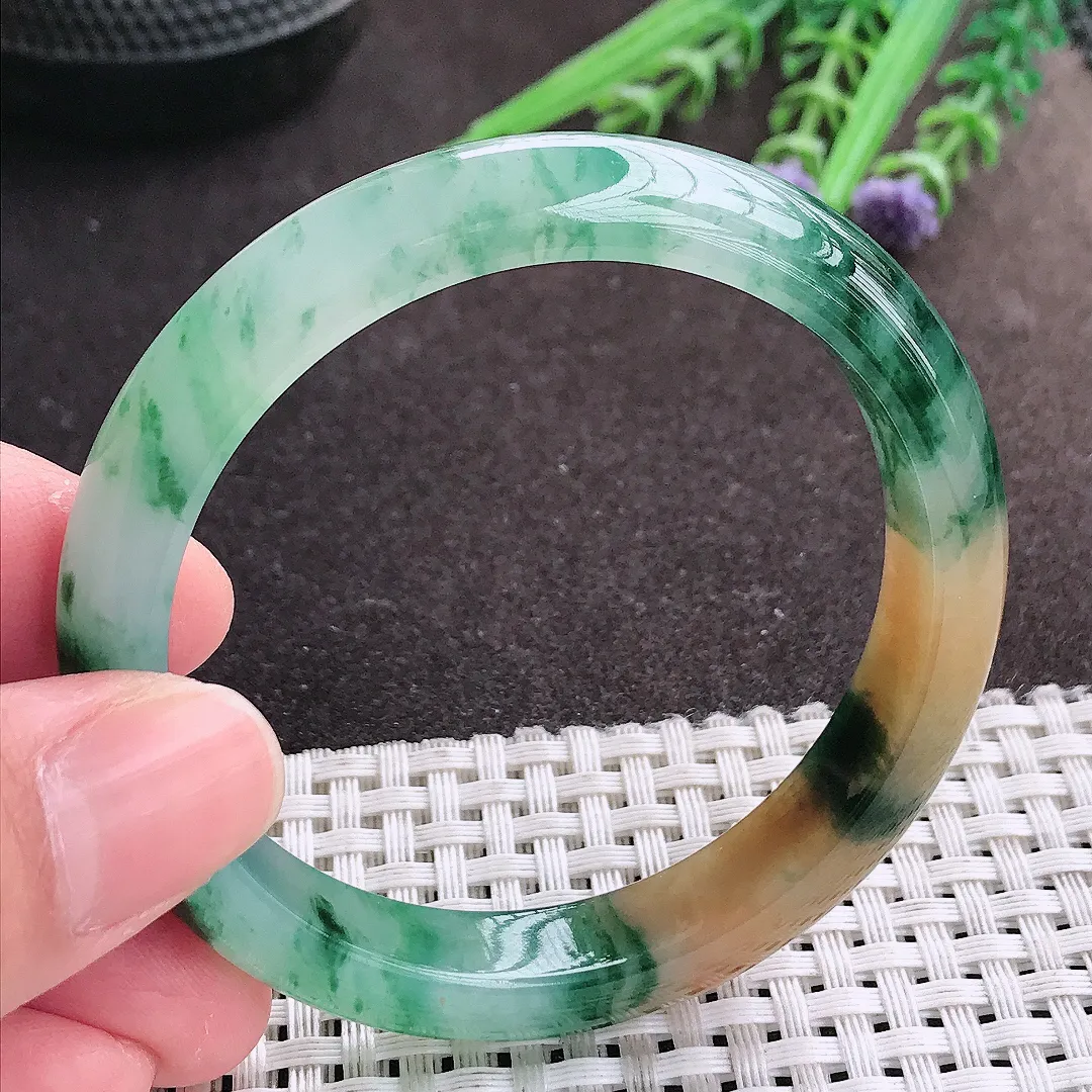 实拍A货翡翠54/10.4/7.3老坑冰胶水灵福禄寿三彩手镯宽边翡翠玉镯女款