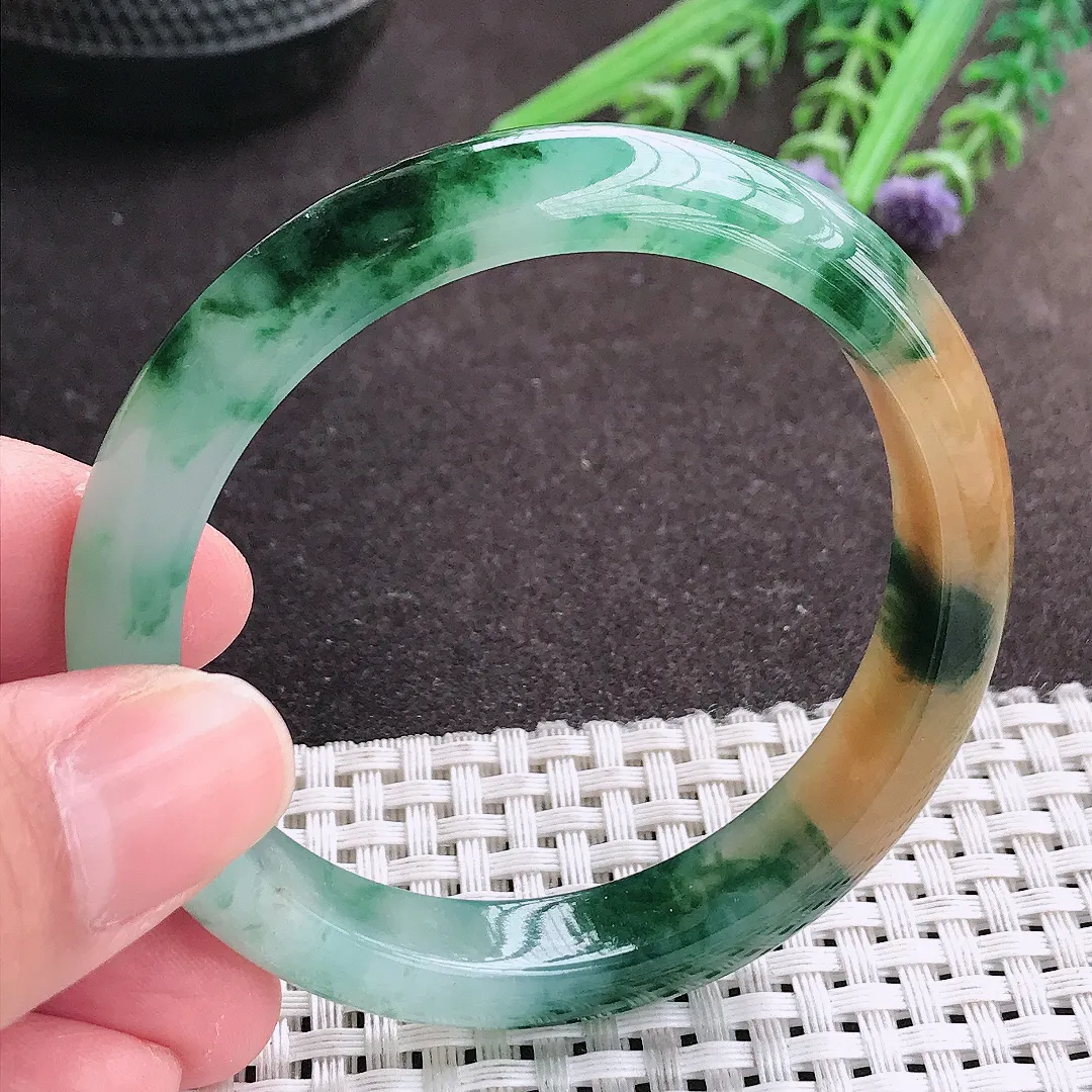 实拍A货翡翠54/10.4/7.3老坑冰胶水灵福禄寿三彩手镯宽边翡翠玉镯女款