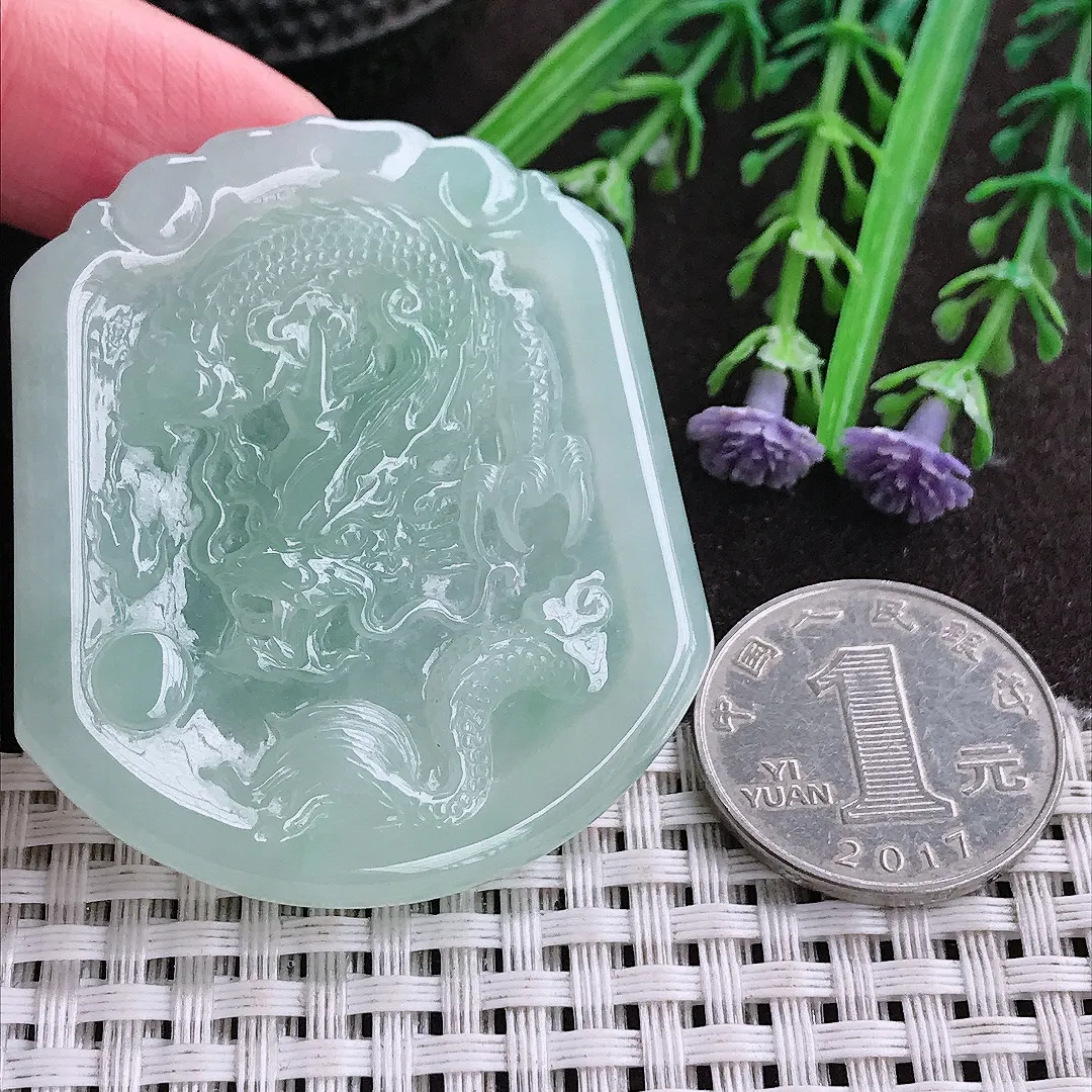 实拍A货翡翠50.8/45/5.2老坑冰胶果冻冰晴绿龙牌吊坠翡翠挂件