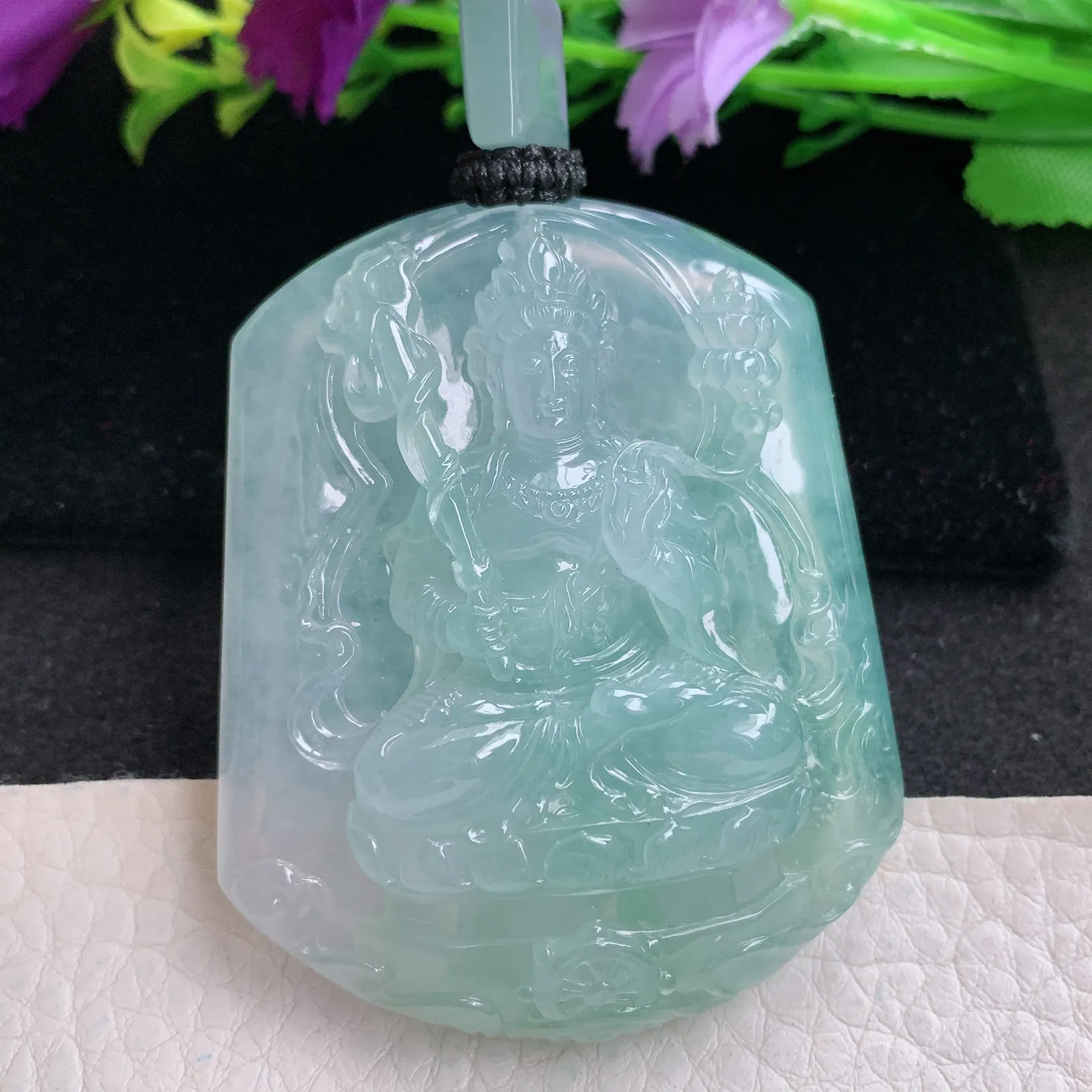 yl实拍56.4*47*11.8缅甸翡翠精雕冰绿虚空藏 生肖守护神玉吊坠 玉挂坠