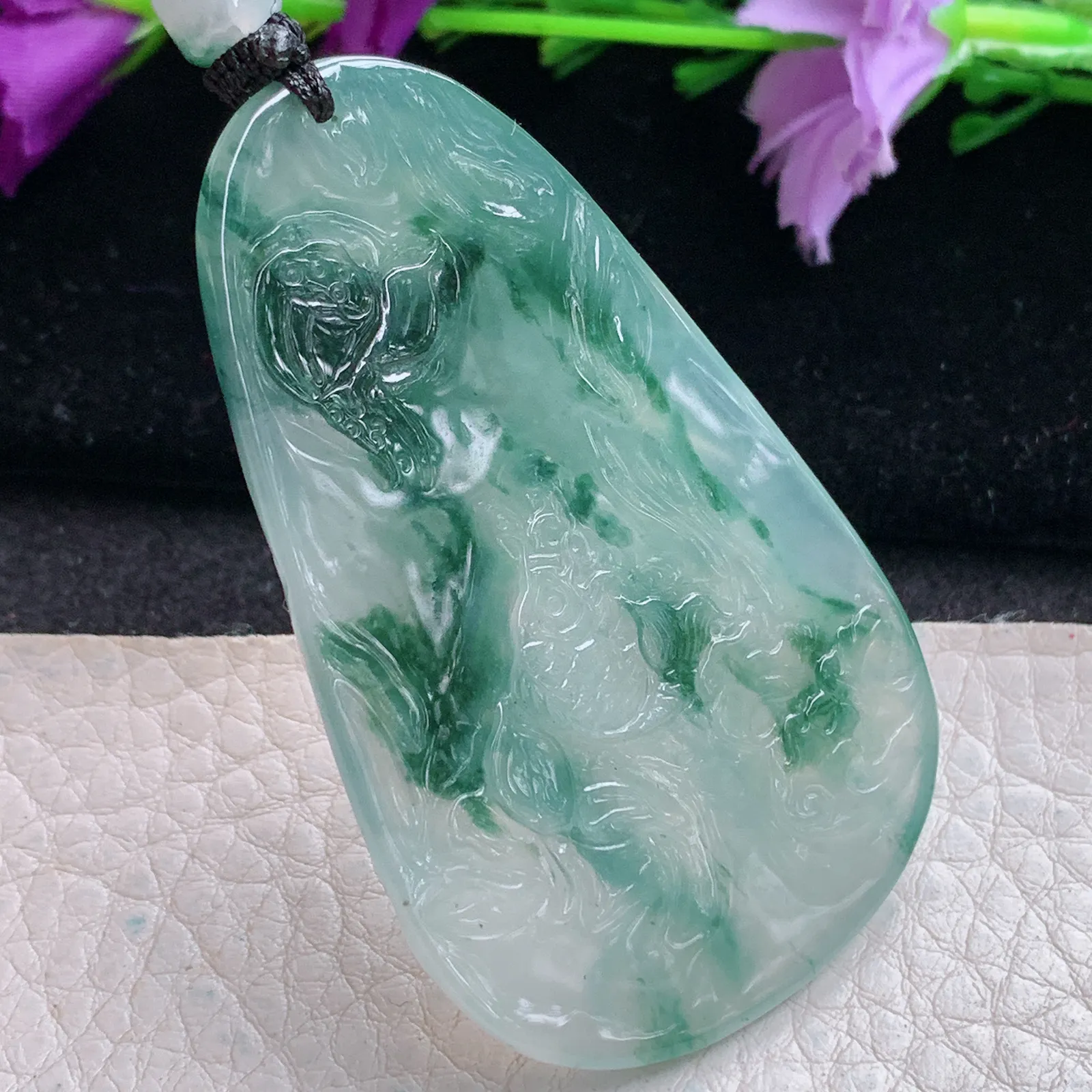 csy实拍58.3*36.7*5缅甸翡翠精雕冰飘花虚空藏 生肖守护神玉吊坠 玉挂坠