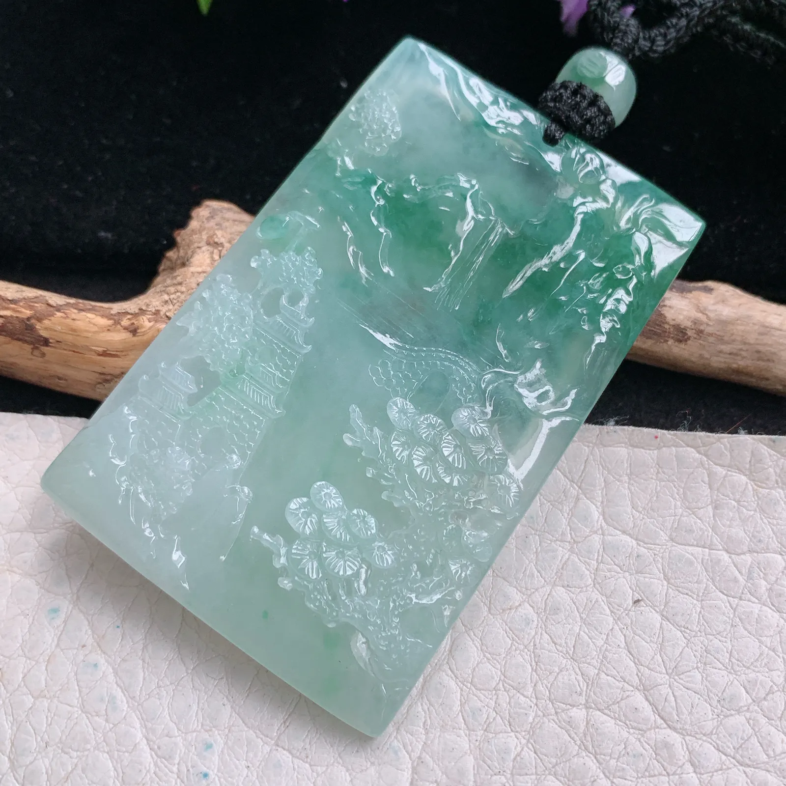 csy实拍59.3*38.8*5.6缅甸翡翠精雕冰飘绿山水 大好河山玉吊坠 玉挂坠