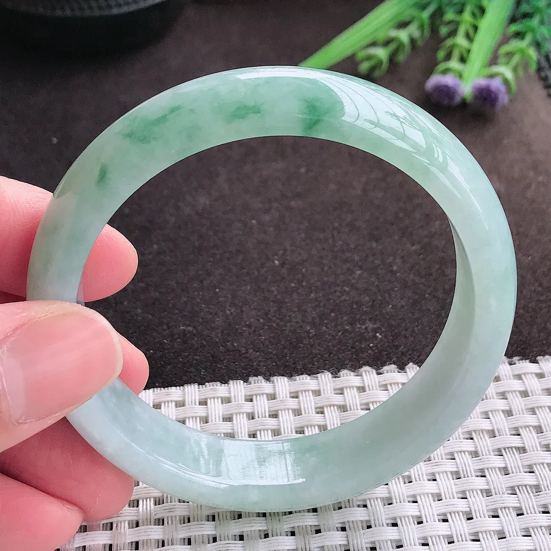 实拍A货翡翠57.5/14/7.6老坑冰润飘花手镯宽边翡翠玉镯女款