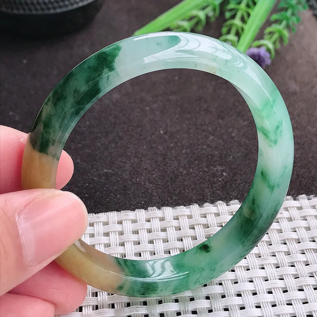 实拍A货翡翠54/10.4/7.3老坑冰胶水灵福禄寿三彩手镯宽边翡翠玉镯女款