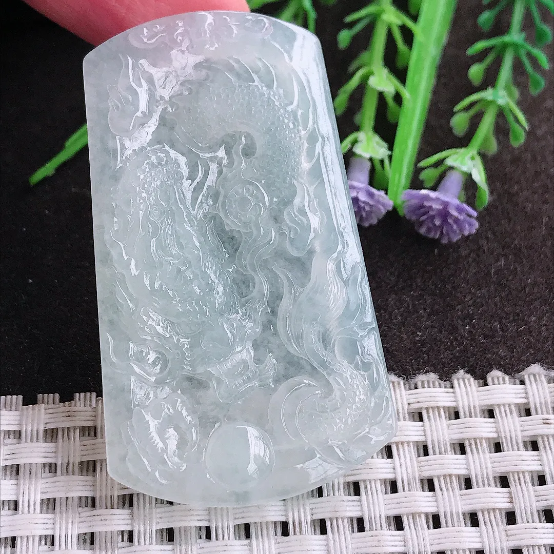 实拍A货翡翠53.6/31.5/5.3老坑冰透起胶龙牌吊坠翡翠挂件