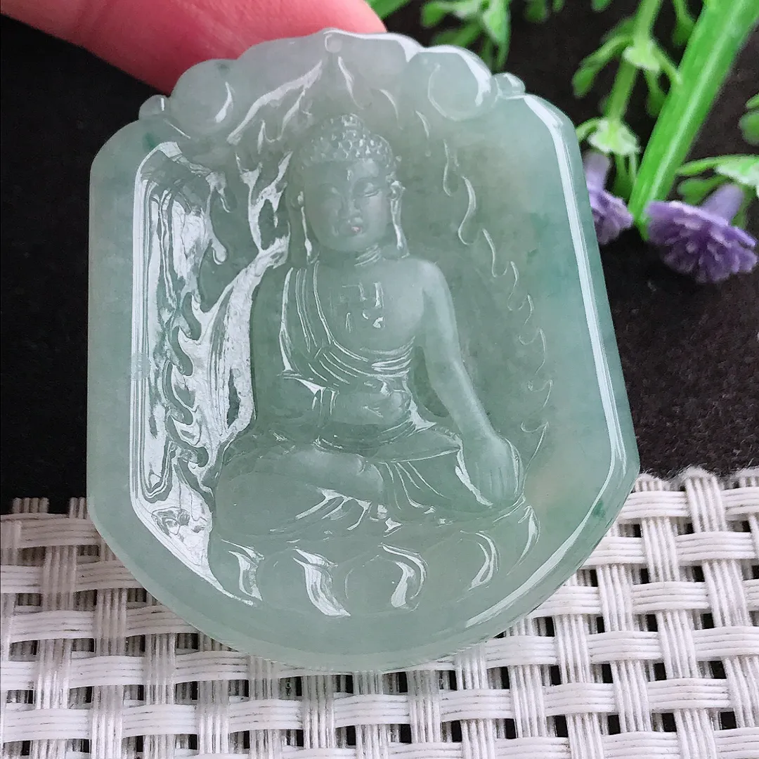 实拍A货翡翠49.8/44/5.3老坑冰胶水灵冰晴绿阿弥陀佛吊坠翡翠挂件