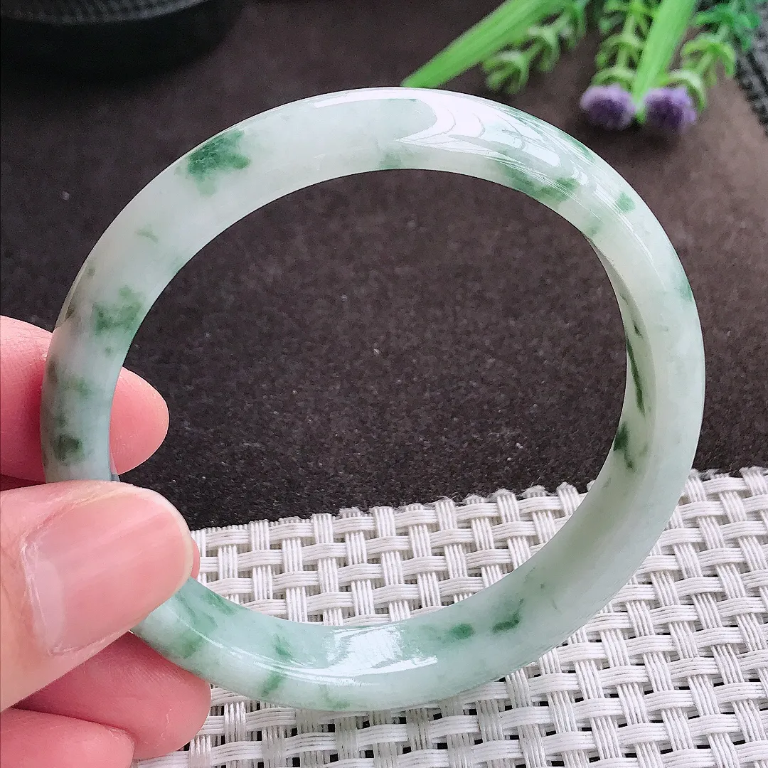 实拍A货翡翠58/12/7老坑精美温润特色飘花手镯宽边翡翠玉镯女款