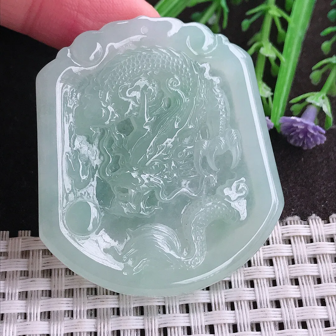 实拍A货翡翠50.8/45/5.2老坑冰胶果冻冰晴绿龙牌吊坠翡翠挂件