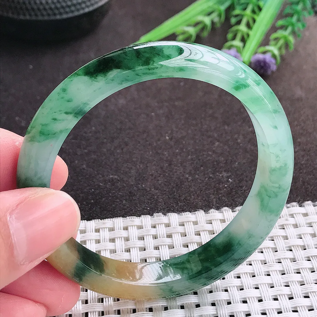 实拍A货翡翠54/10.4/7.3老坑冰胶水灵福禄寿三彩手镯宽边翡翠玉镯女款