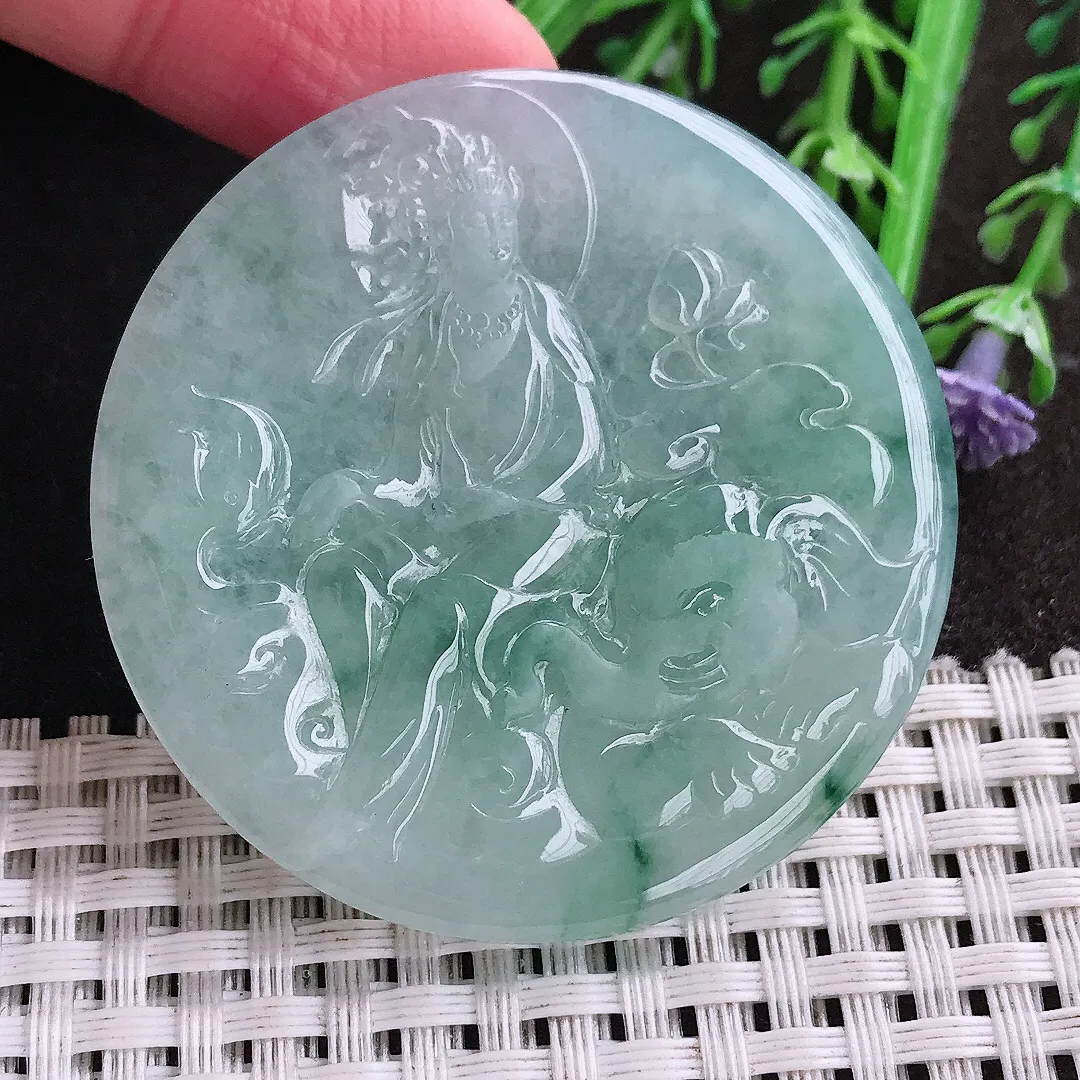 实拍A货翡翠49.8/4.7老坑冰胶果冻冰晴飘花普贤菩萨吊坠翡翠挂件