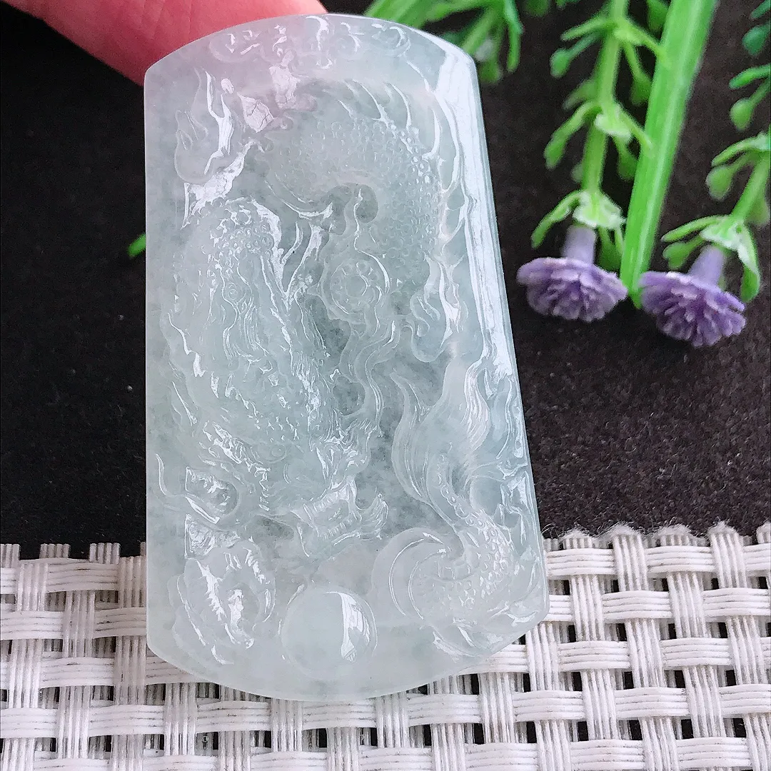 实拍A货翡翠53.6/31.5/5.3老坑冰透起胶龙牌吊坠翡翠挂件