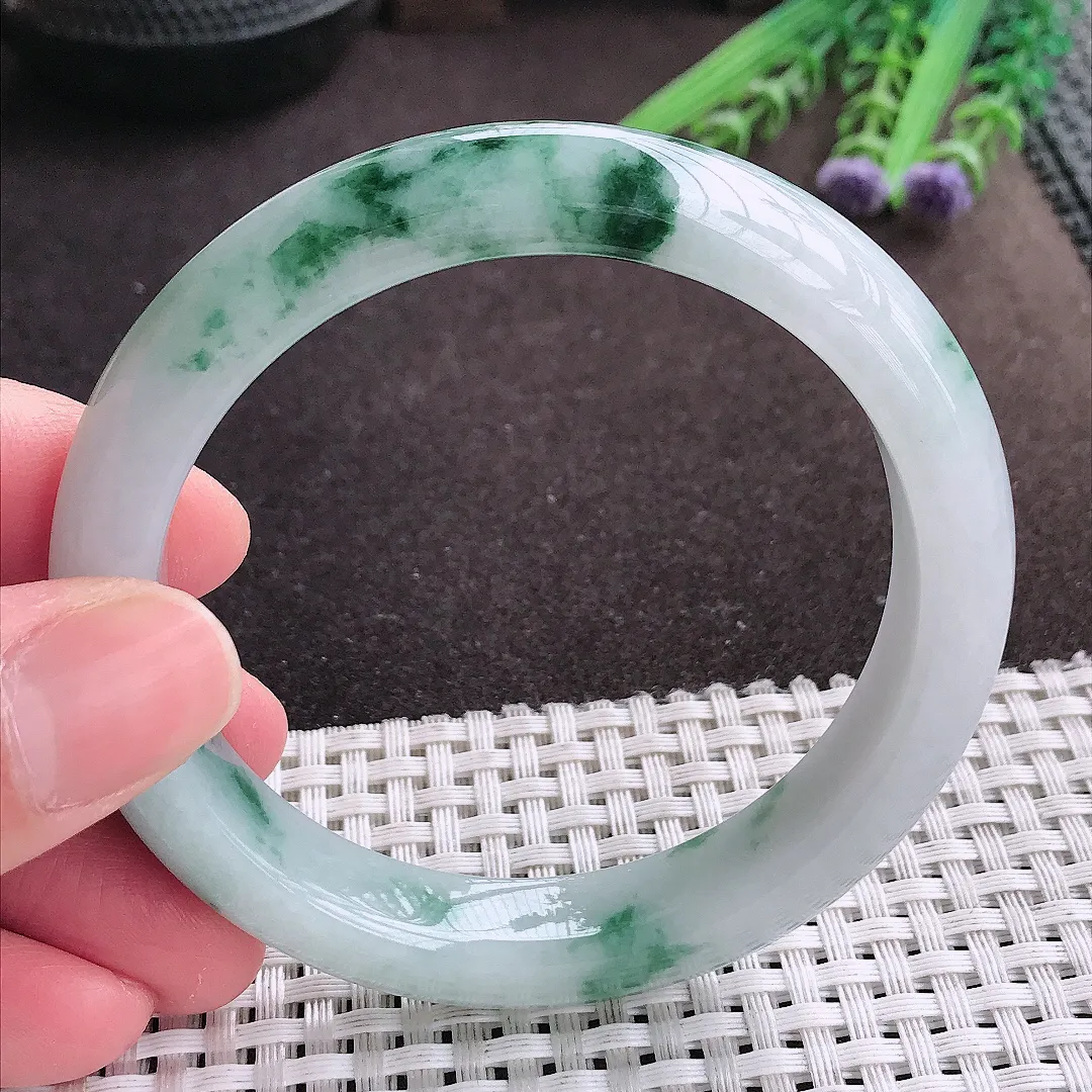 实拍A货翡翠58.5/11.8/8.5老坑精美冰润飘花手镯宽边翡翠玉镯女款