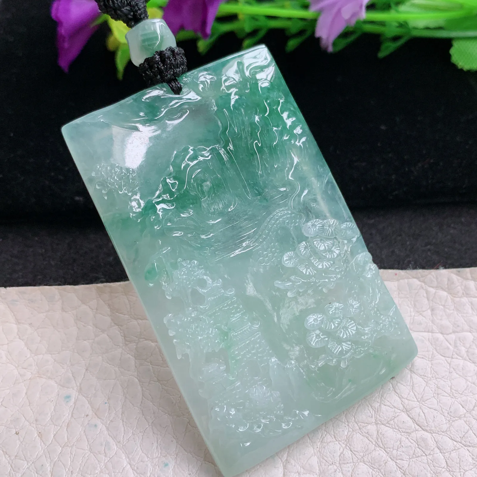 csy实拍59.3*38.8*5.6缅甸翡翠精雕冰飘绿山水 大好河山玉吊坠 玉挂坠