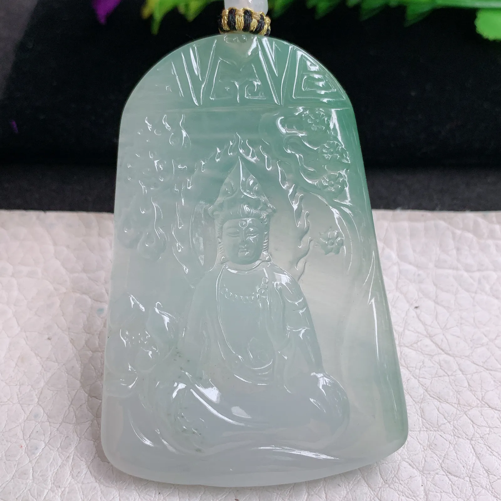 yl实拍63.3*43.5*5.2缅甸翡翠精雕冰晴持莲观音 玉观音玉吊坠 玉挂坠