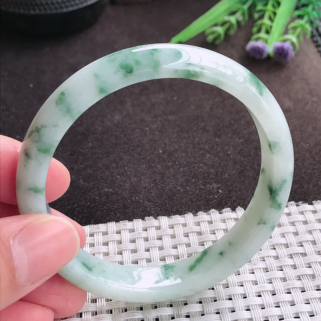 实拍A货翡翠58/12/7老坑精美温润特色飘花手镯宽边翡翠玉镯女款