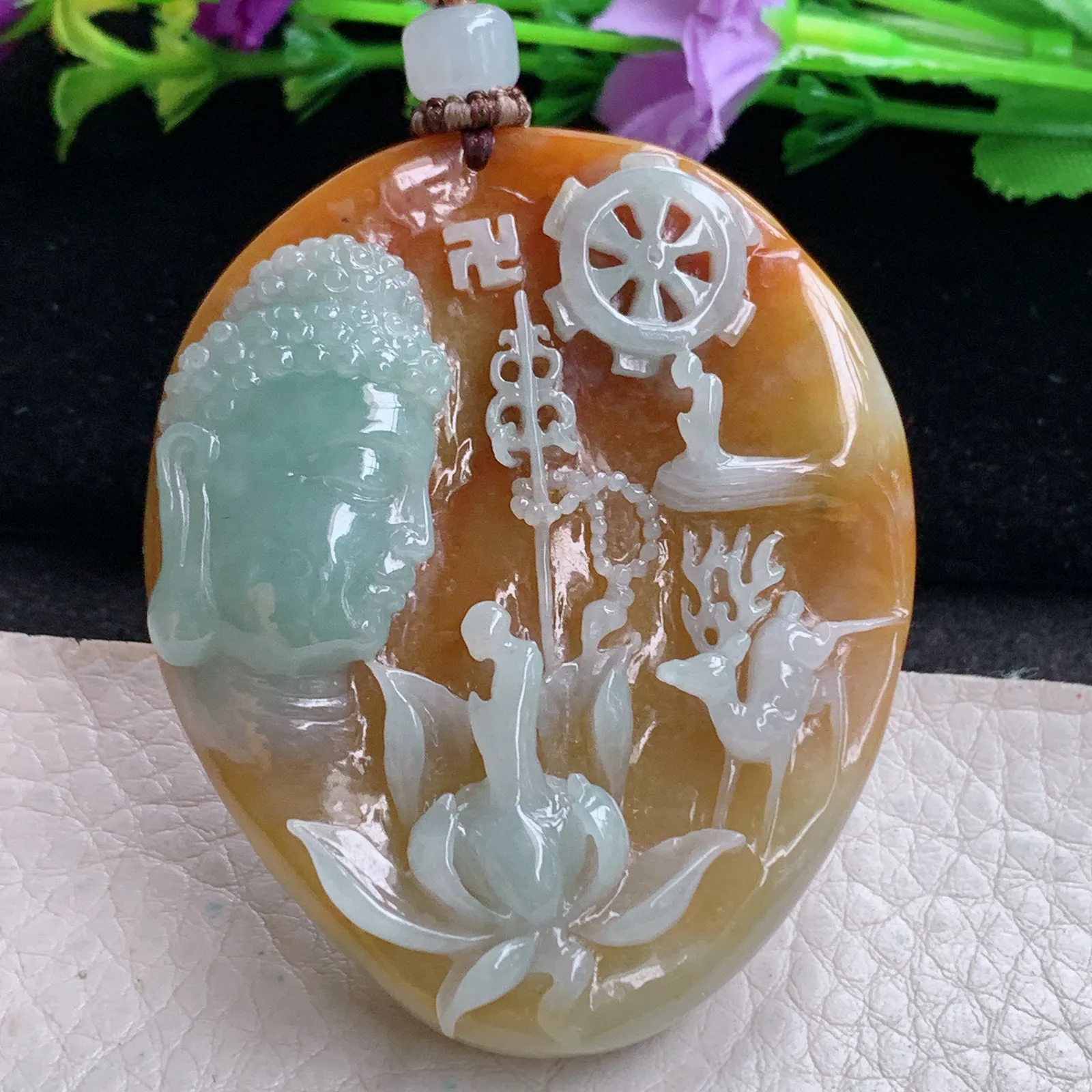 csy实拍59.5*48.8*13.8缅甸翡翠特色巧雕花开见佛 佛祖玉吊坠 玉挂坠