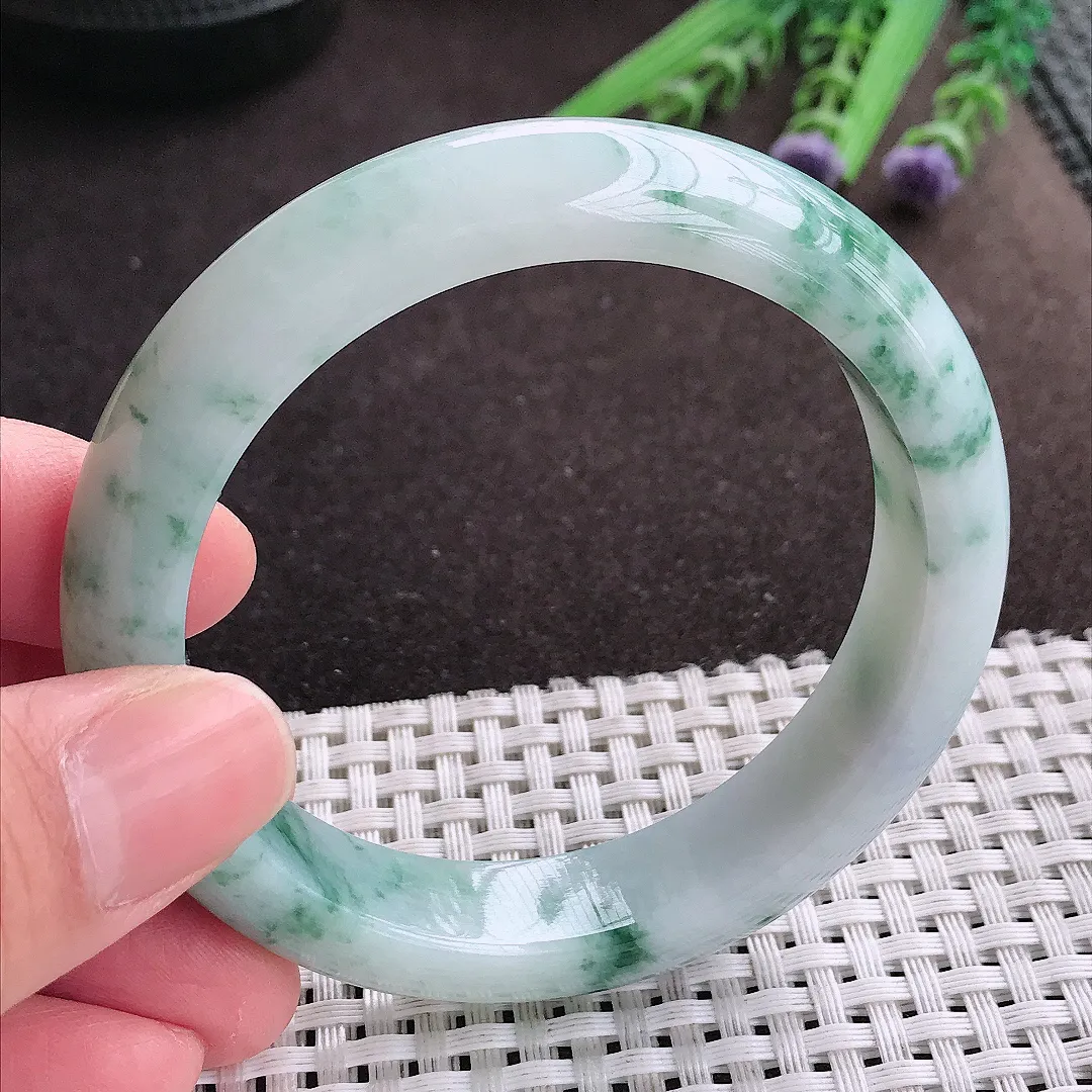 实拍A货翡翠56.5/13/8.6老坑精美冰润飘花手镯宽边翡翠玉镯女款