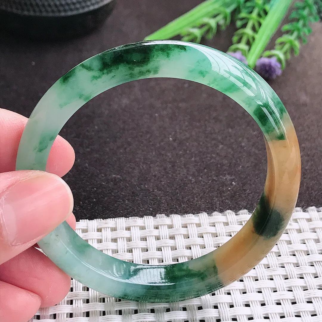 实拍A货翡翠54/10.4/7.3老坑冰胶水灵福禄寿三彩手镯宽边翡翠玉镯女款