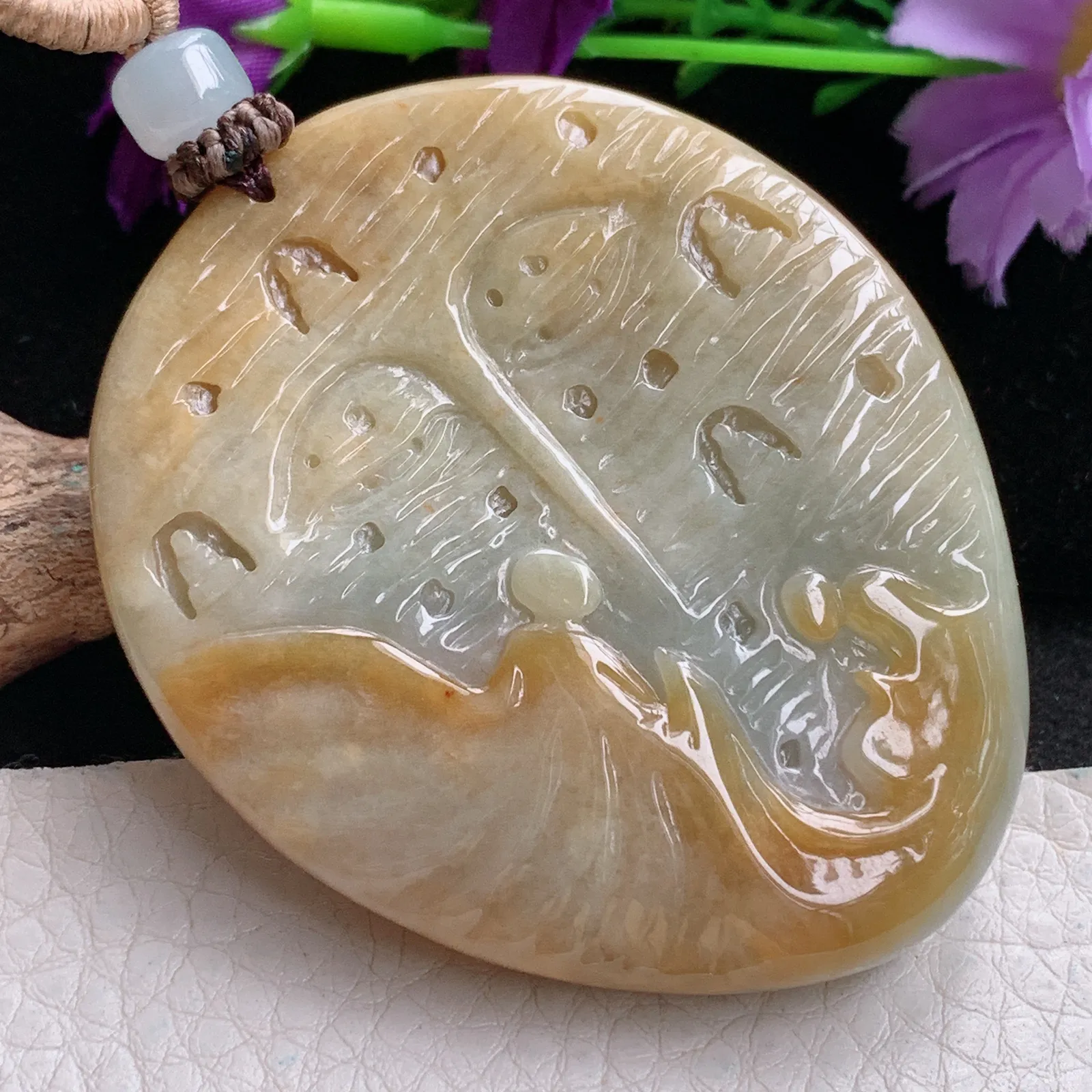 csy实拍59.5*48.8*13.8缅甸翡翠特色巧雕花开见佛 佛祖玉吊坠 玉挂坠