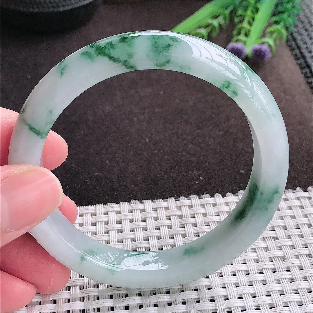 实拍A货翡翠58.5/11.8/8.5老坑精美冰润飘花手镯宽边翡翠玉镯女款