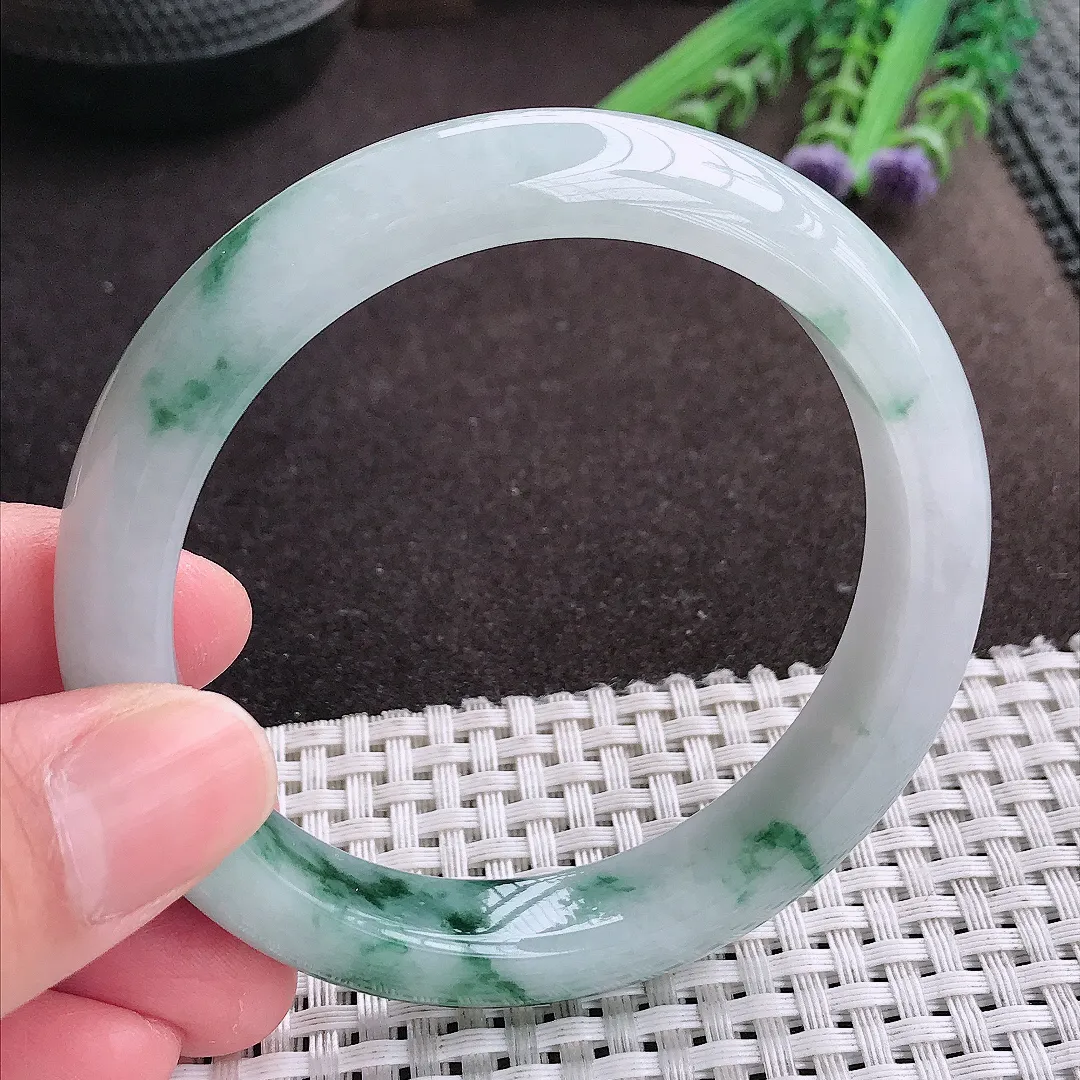 实拍A货翡翠58.5/11.8/8.5老坑精美冰润飘花手镯宽边翡翠玉镯女款