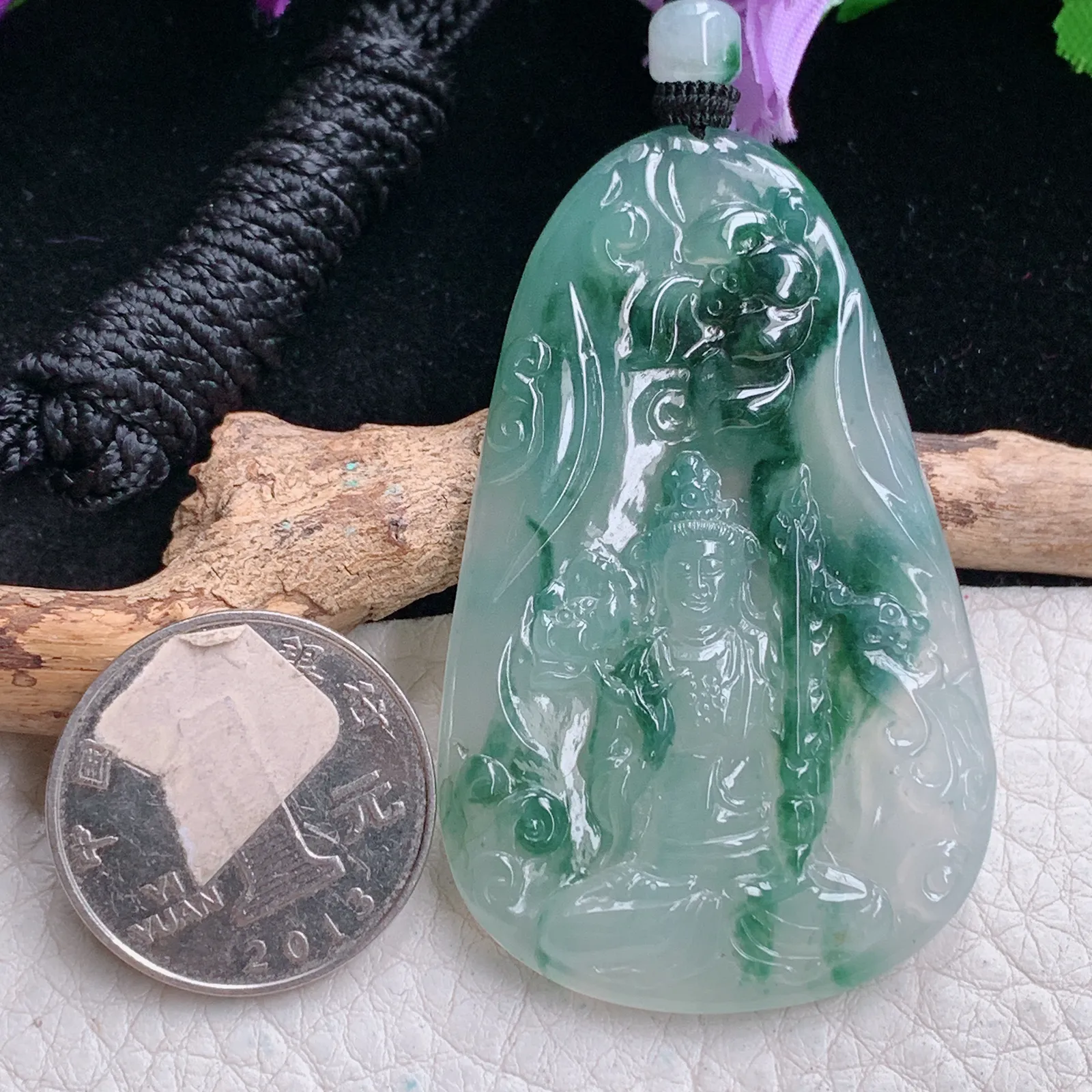 csy实拍58.3*36.7*5缅甸翡翠精雕冰飘花虚空藏 生肖守护神玉吊坠 玉挂坠