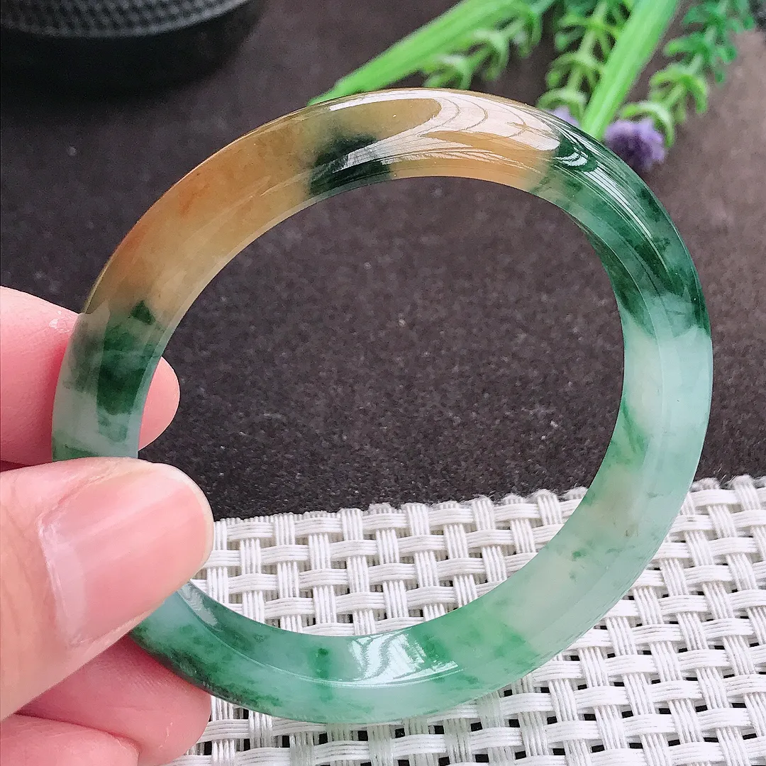 实拍A货翡翠54/10.4/7.3老坑冰胶水灵福禄寿三彩手镯宽边翡翠玉镯女款