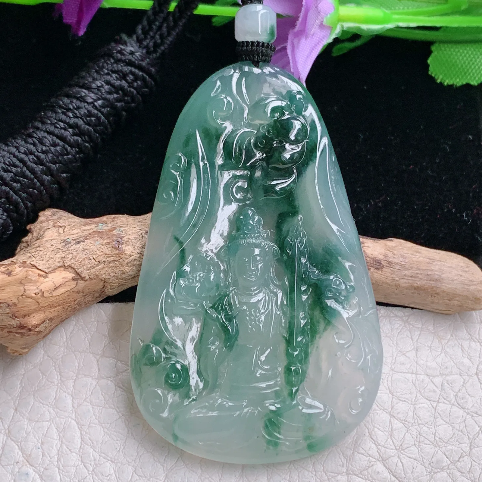 csy实拍58.3*36.7*5缅甸翡翠精雕冰飘花虚空藏 生肖守护神玉吊坠 玉挂坠