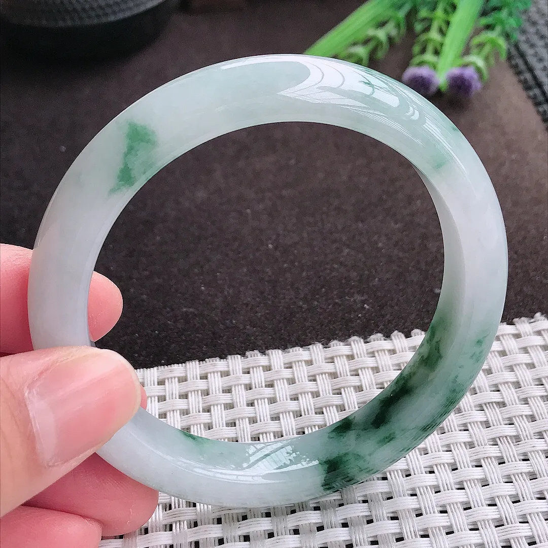 实拍A货翡翠58.5/11.8/8.5老坑精美冰润飘花手镯宽边翡翠玉镯女款