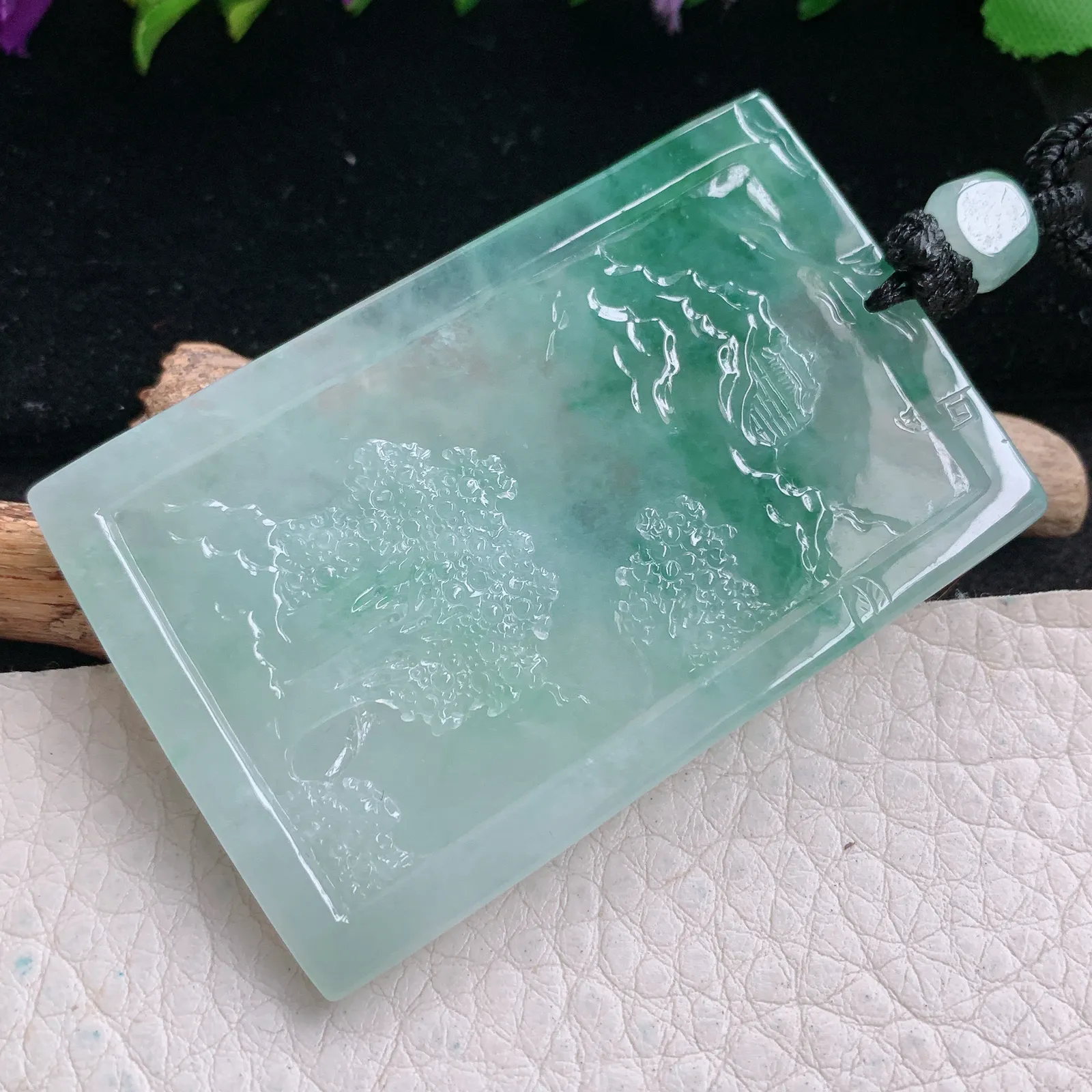 csy实拍59.3*38.8*5.6缅甸翡翠精雕冰飘绿山水 大好河山玉吊坠 玉挂坠