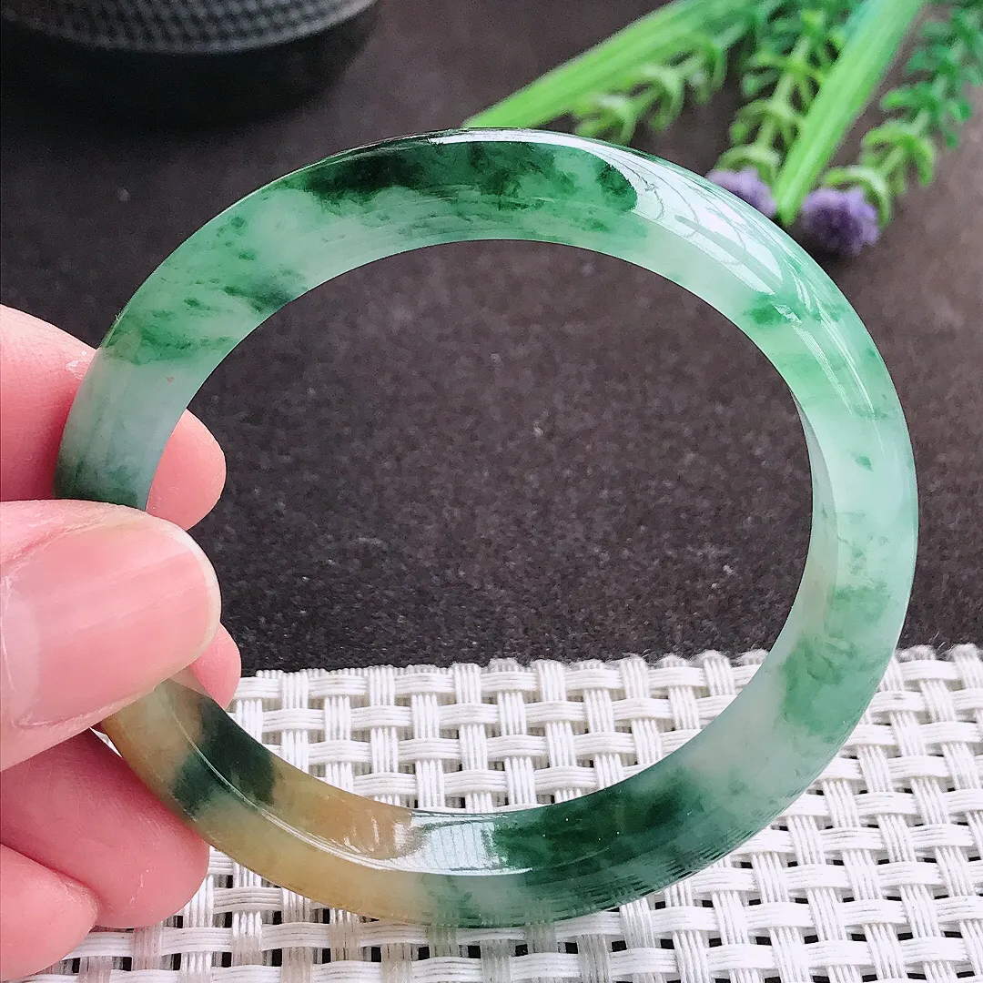 实拍A货翡翠54/10.4/7.3老坑冰胶水灵福禄寿三彩手镯宽边翡翠玉镯女款