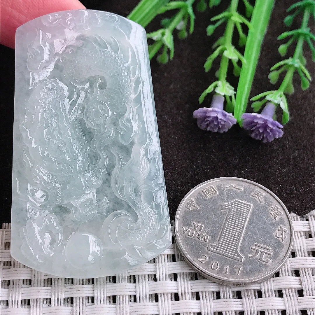 实拍A货翡翠53.6/31.5/5.3老坑冰透起胶龙牌吊坠翡翠挂件