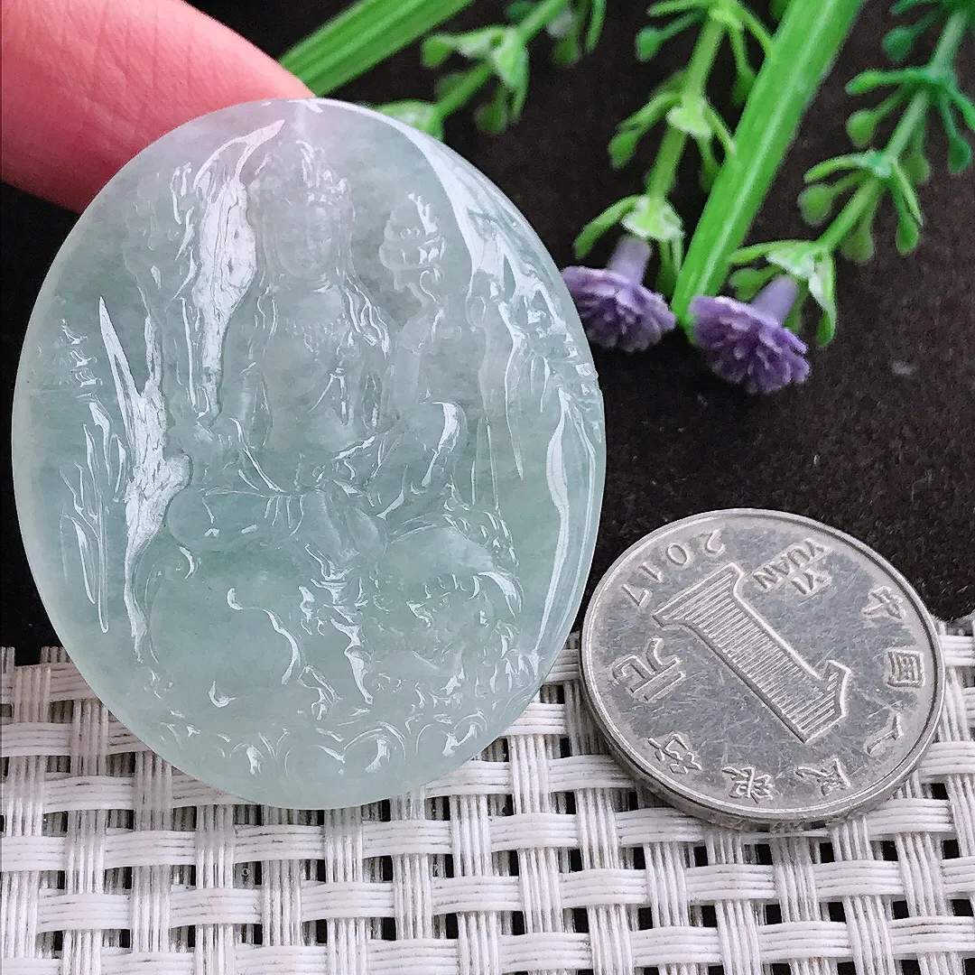 实拍A货翡翠46.8/38.8/4.8老坑冰胶果冻冰纯文殊菩萨吊坠翡翠挂件