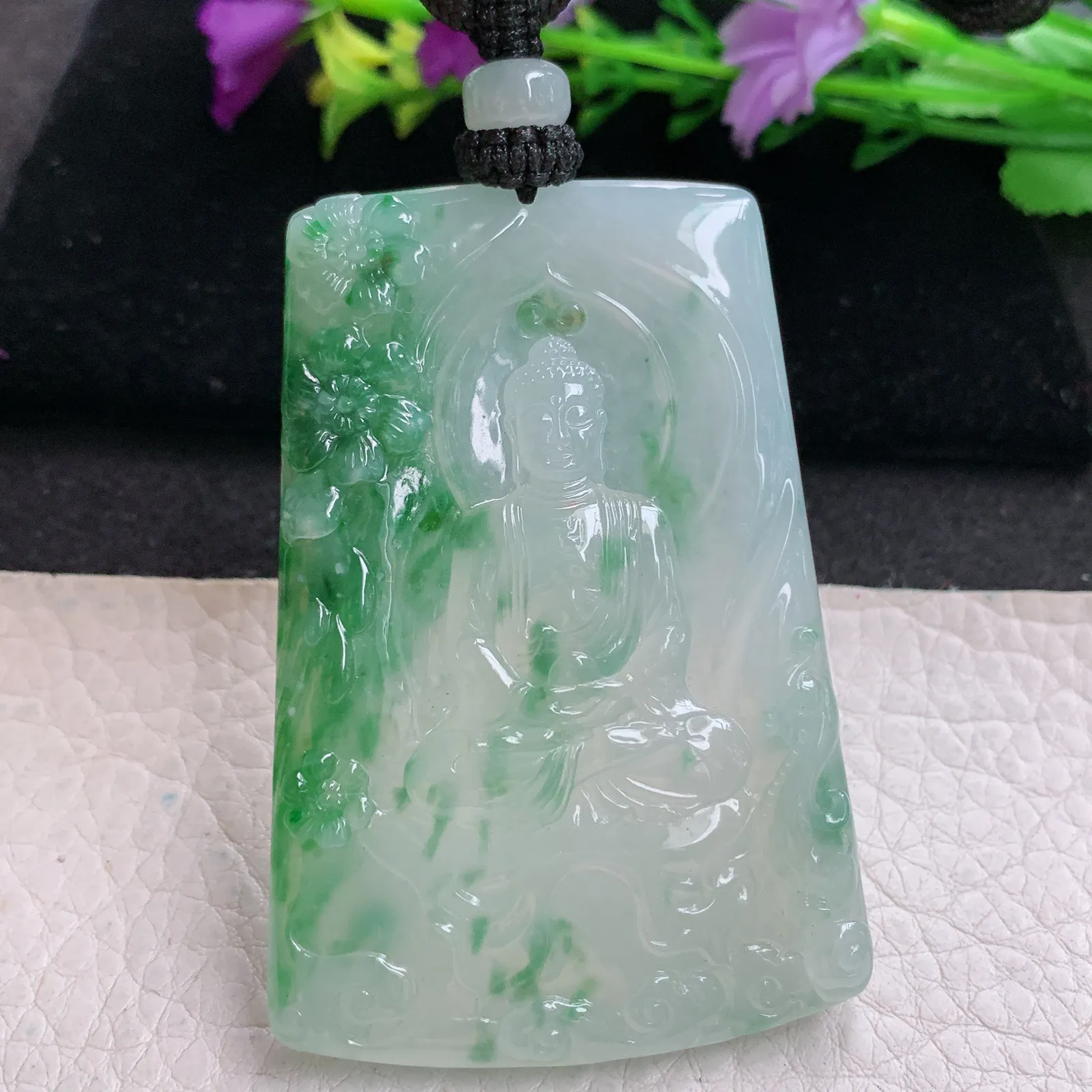 yl实拍63*43*6.5缅甸翡翠精雕冰飘绿花大日如来 花开见佛玉吊坠 玉挂坠