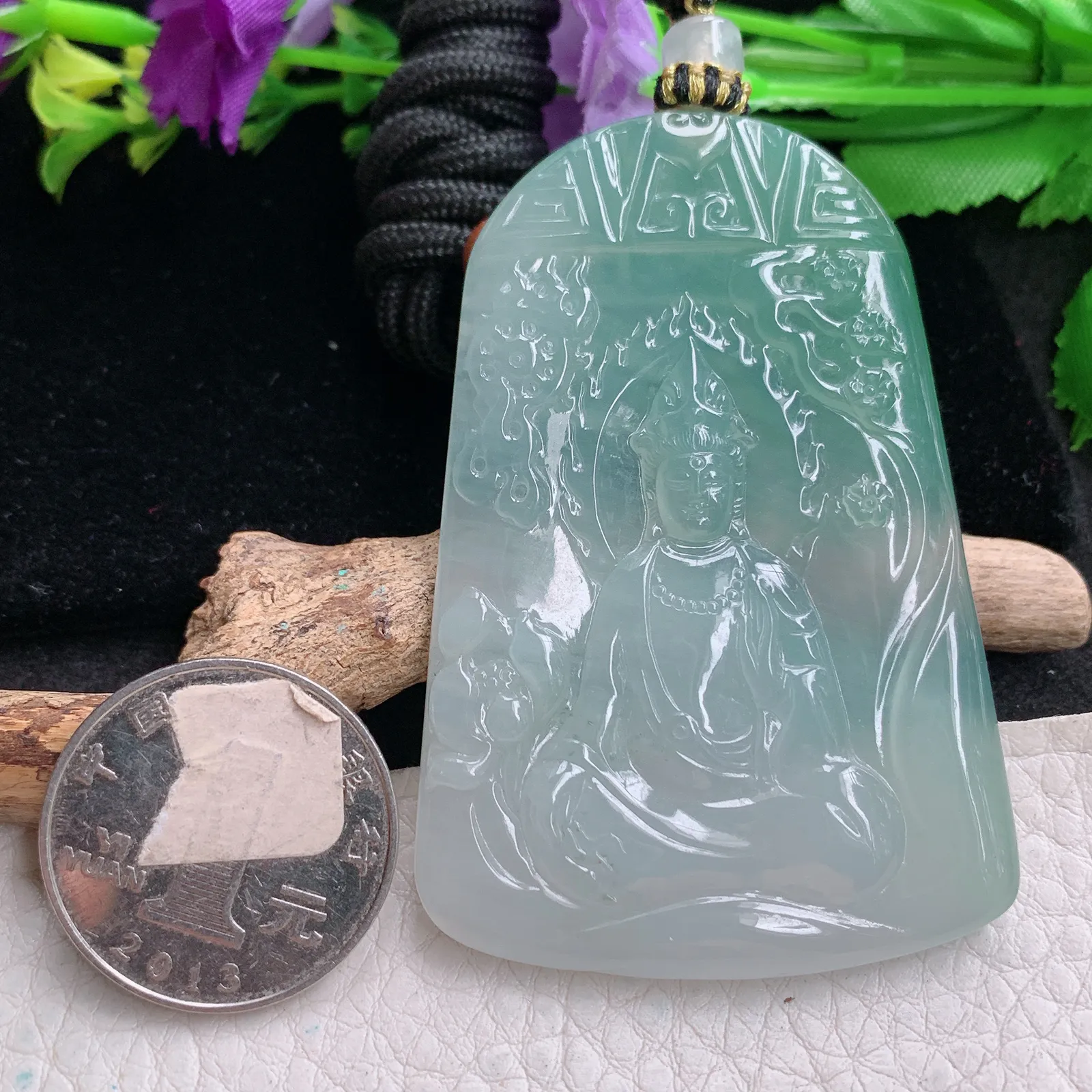 yl实拍63.3*43.5*5.2缅甸翡翠精雕冰晴持莲观音 玉观音玉吊坠 玉挂坠