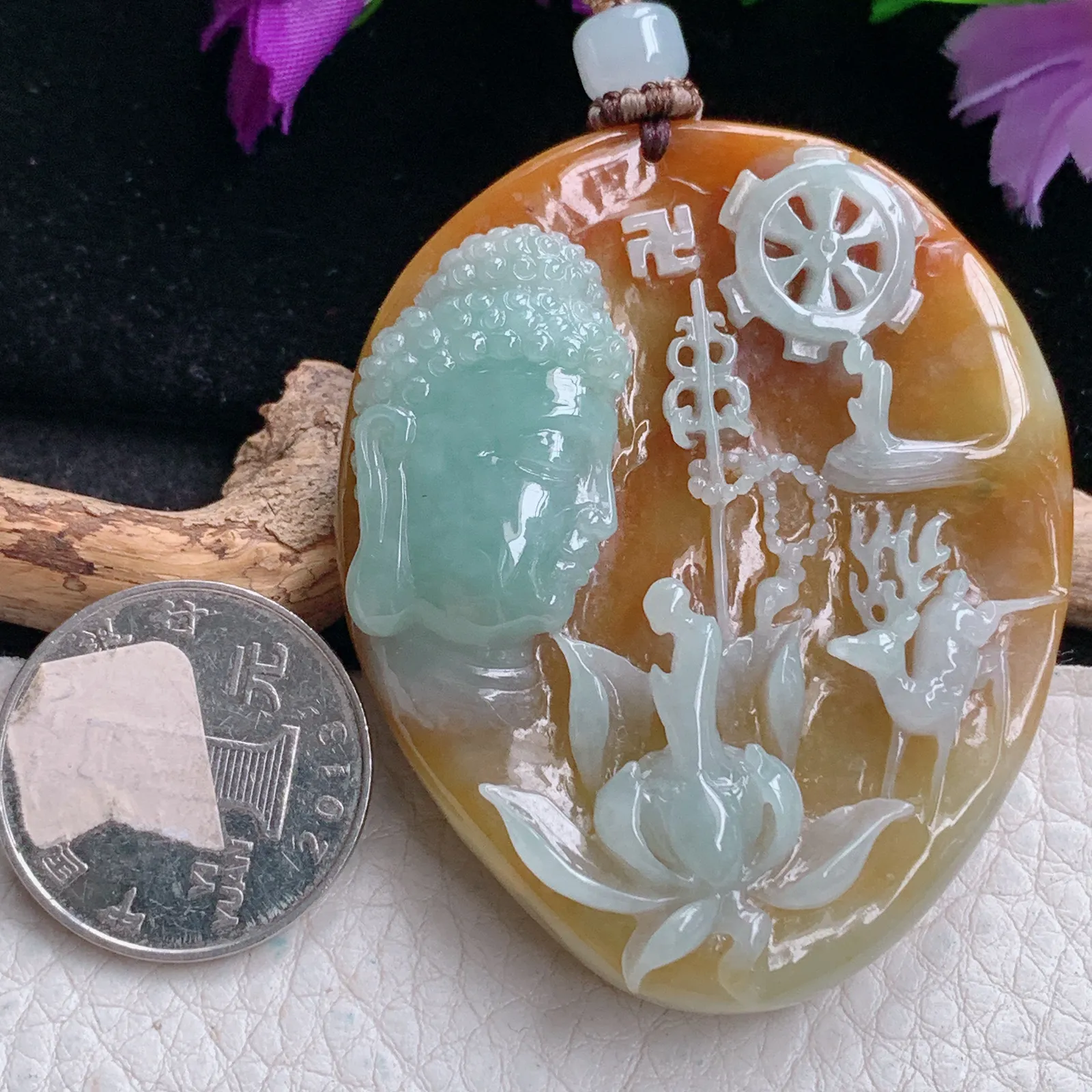 csy实拍59.5*48.8*13.8缅甸翡翠特色巧雕花开见佛 佛祖玉吊坠 玉挂坠