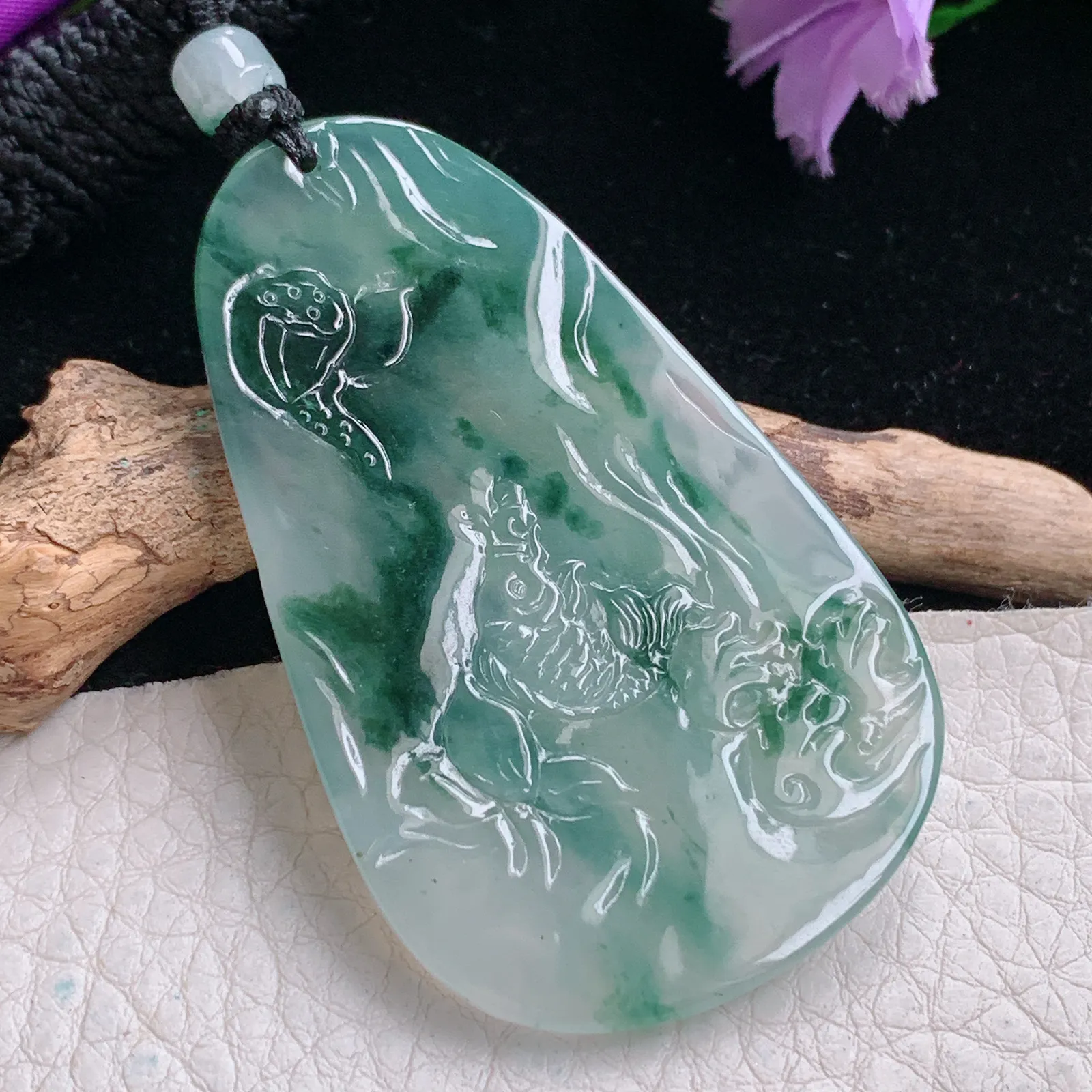 csy实拍58.3*36.7*5缅甸翡翠精雕冰飘花虚空藏 生肖守护神玉吊坠 玉挂坠