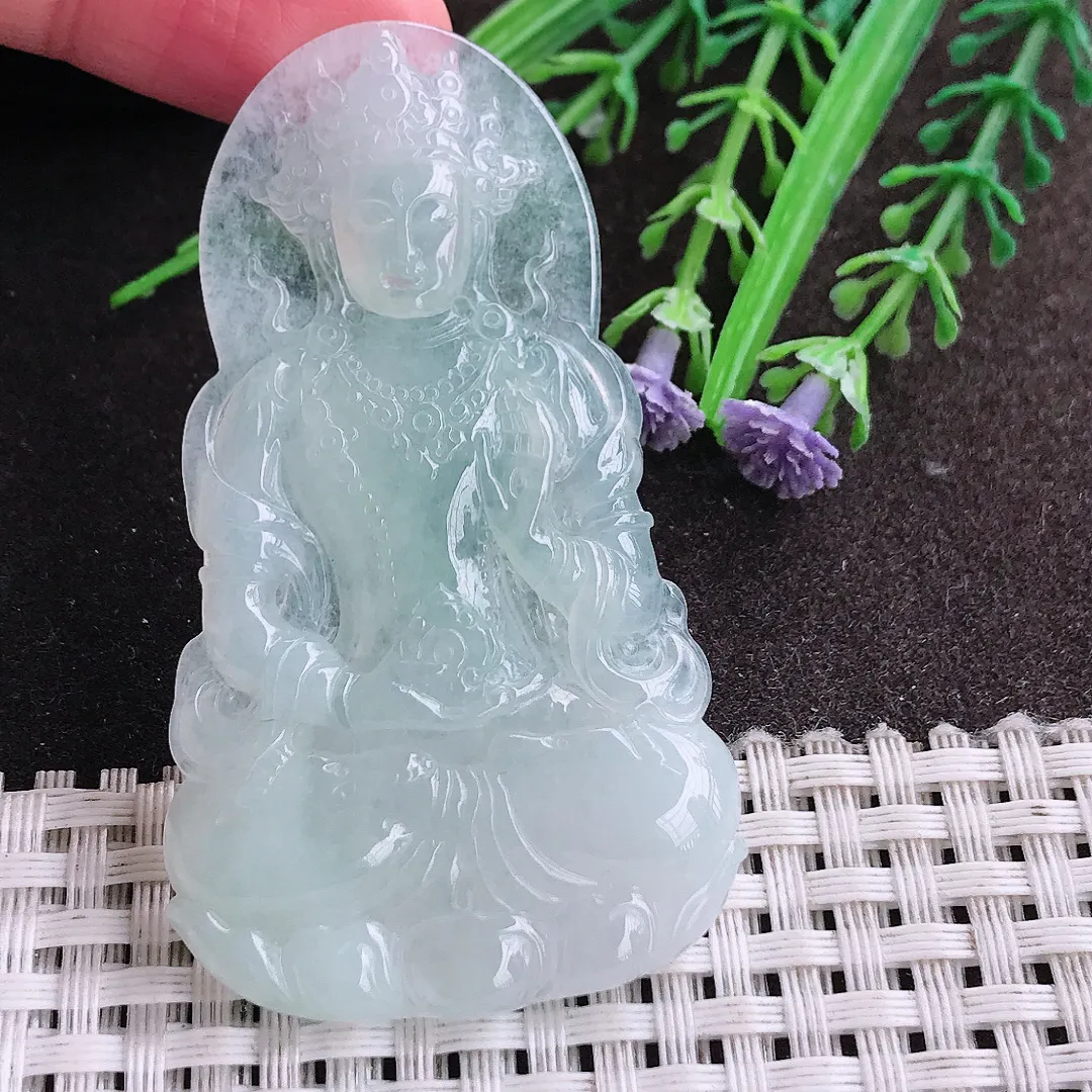 实拍A货翡翠62.6/36.9/4.8老坑冰纯起胶冰晴度母菩萨吊坠翡翠挂件