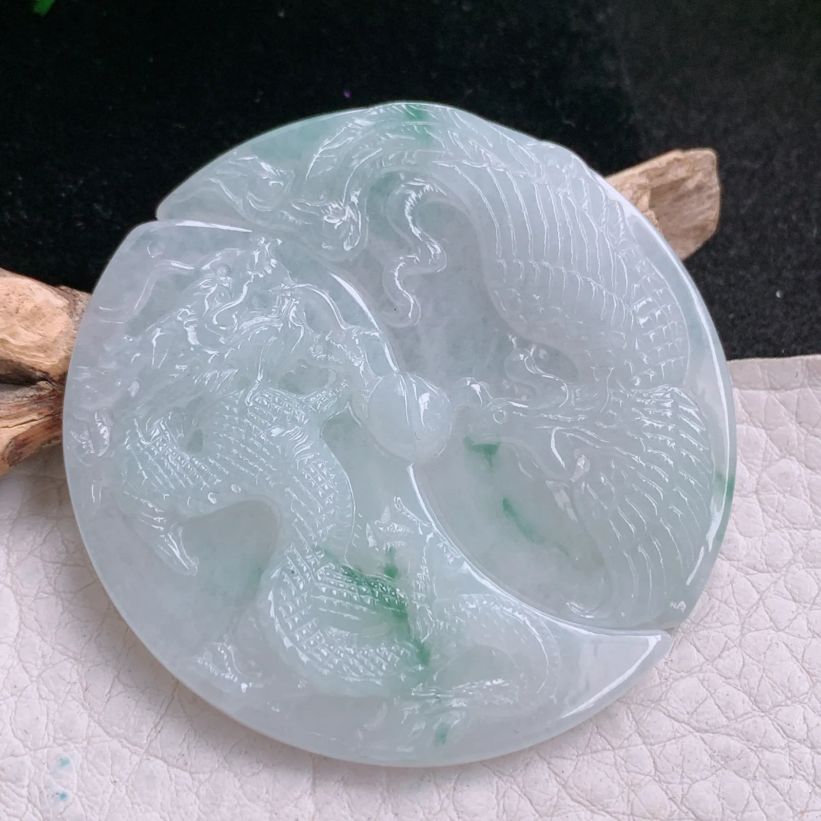 yn实拍52.8*5.8老坑精雕冰飘花灵动龙凤呈祥 翡翠龙凤对玉吊坠玉挂件