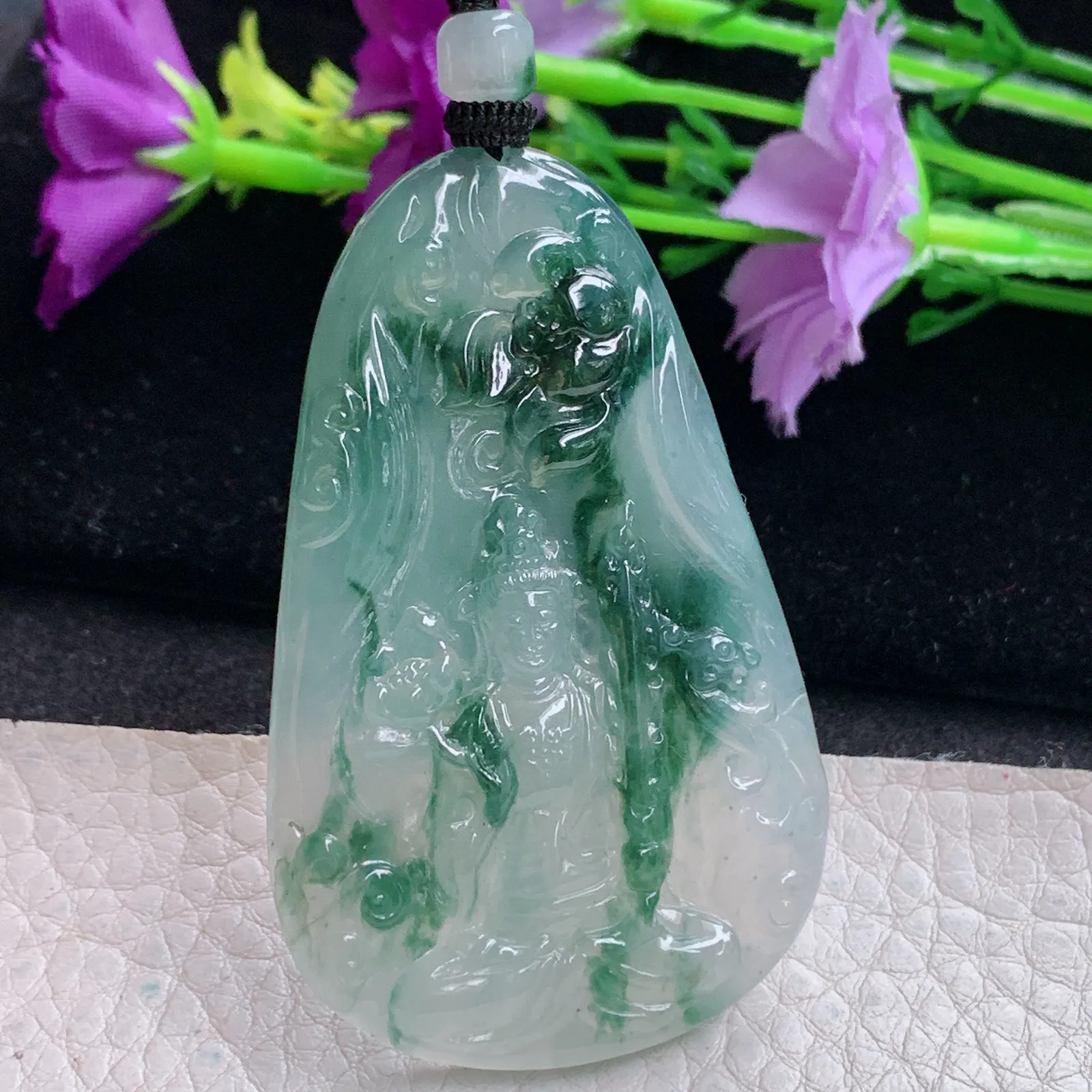 csy实拍58.3*36.7*5缅甸翡翠精雕冰飘花虚空藏 生肖守护神玉吊坠 玉挂坠