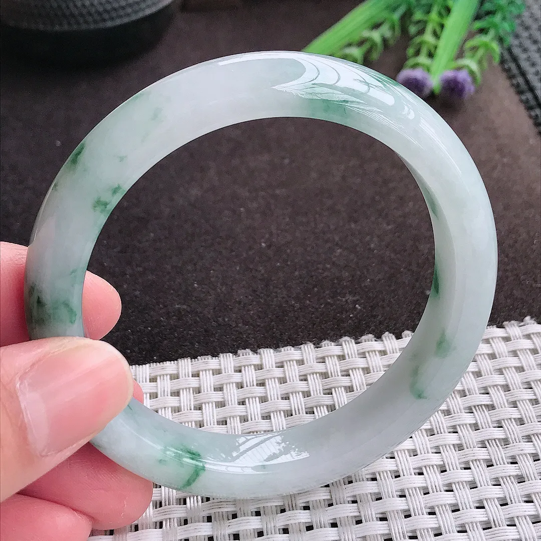 实拍A货翡翠58.5/11.8/8.5老坑精美冰润飘花手镯宽边翡翠玉镯女款