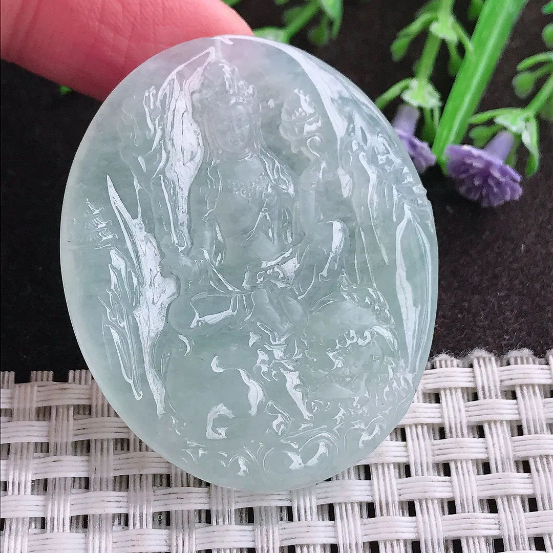 实拍A货翡翠46.8/38.8/4.8老坑冰胶果冻冰纯文殊菩萨吊坠翡翠挂件