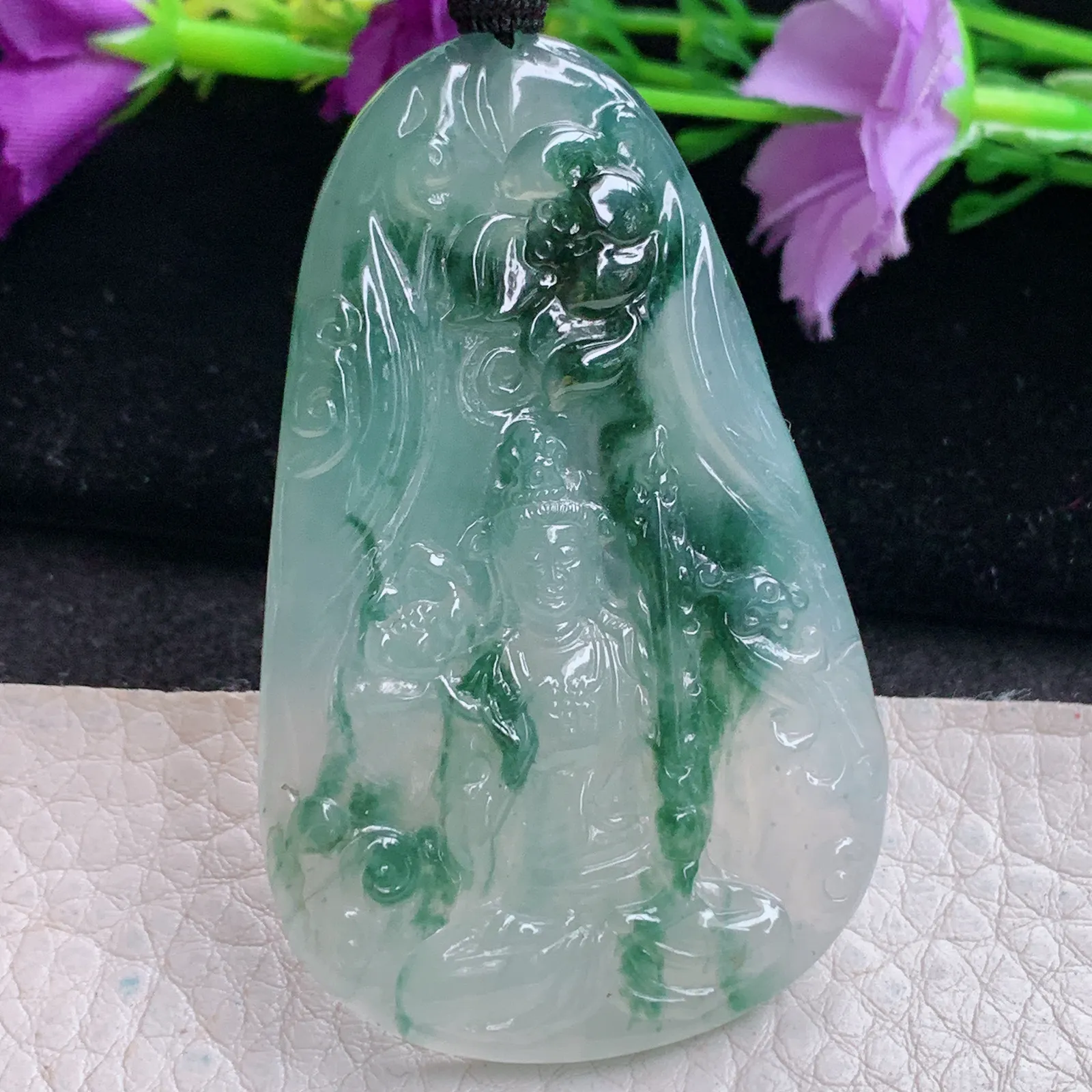 csy实拍58.3*36.7*5缅甸翡翠精雕冰飘花虚空藏 生肖守护神玉吊坠 玉挂坠
