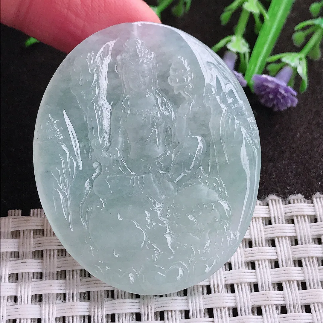 实拍A货翡翠46.8/38.8/4.8老坑冰胶果冻冰纯文殊菩萨吊坠翡翠挂件