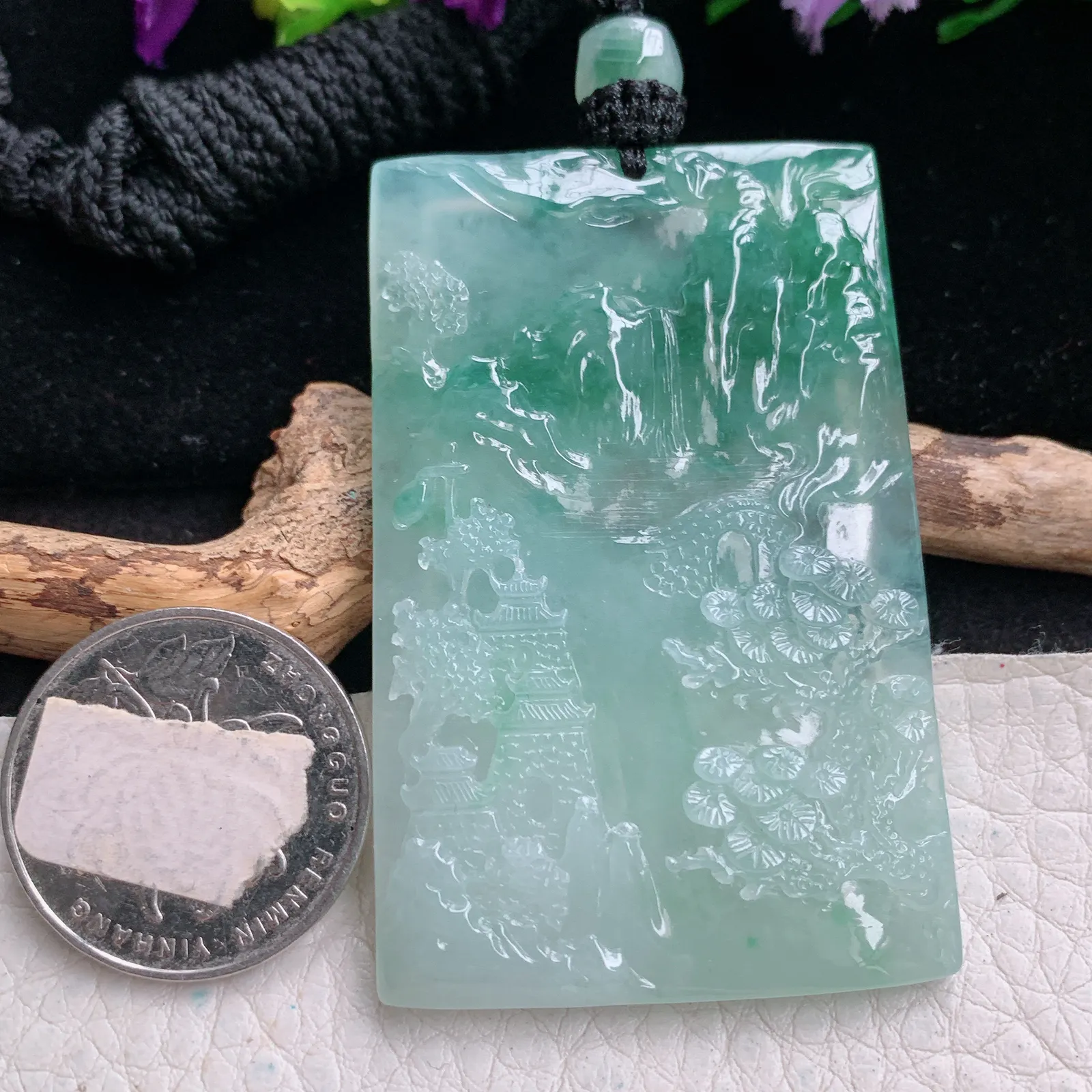 csy实拍59.3*38.8*5.6缅甸翡翠精雕冰飘绿山水 大好河山玉吊坠 玉挂坠